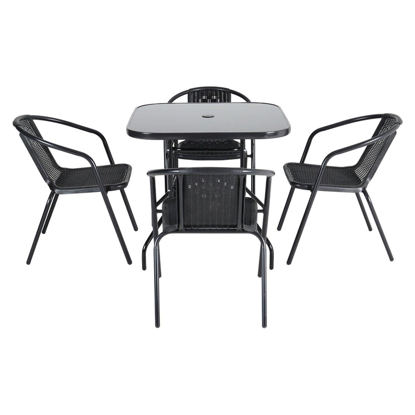 Black - Breeins - Square Tempered Glass Table with 4 Rattan Chairs - 4