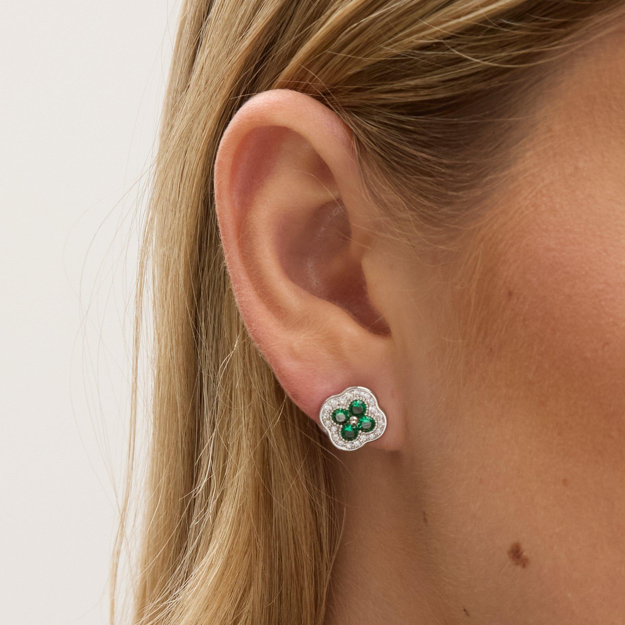 Silver - Jon Richard - Rhodium Plated Crystal and Emerald Clover Studs - 2