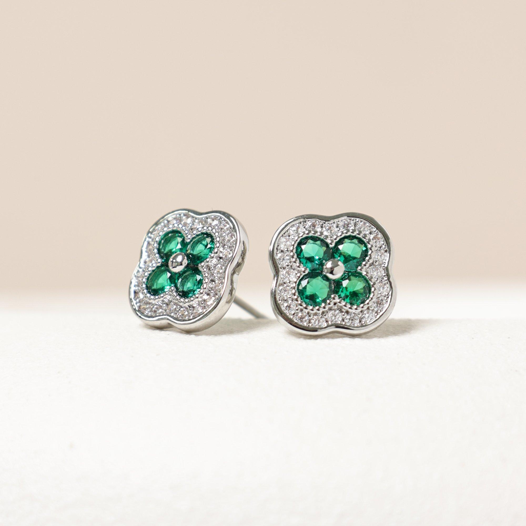 Silver - Jon Richard - Rhodium Plated Crystal and Emerald Clover Studs - 3