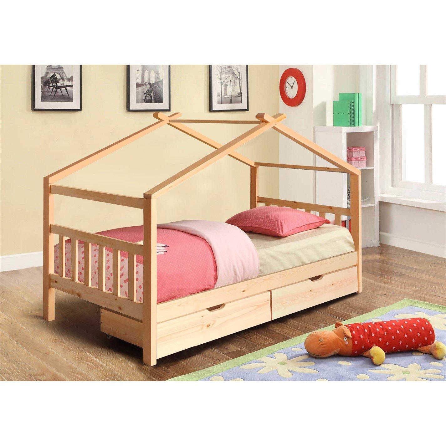 Pine - Comfy Living - 3ft House Bed Frame With Storage Tent and Mat - 4