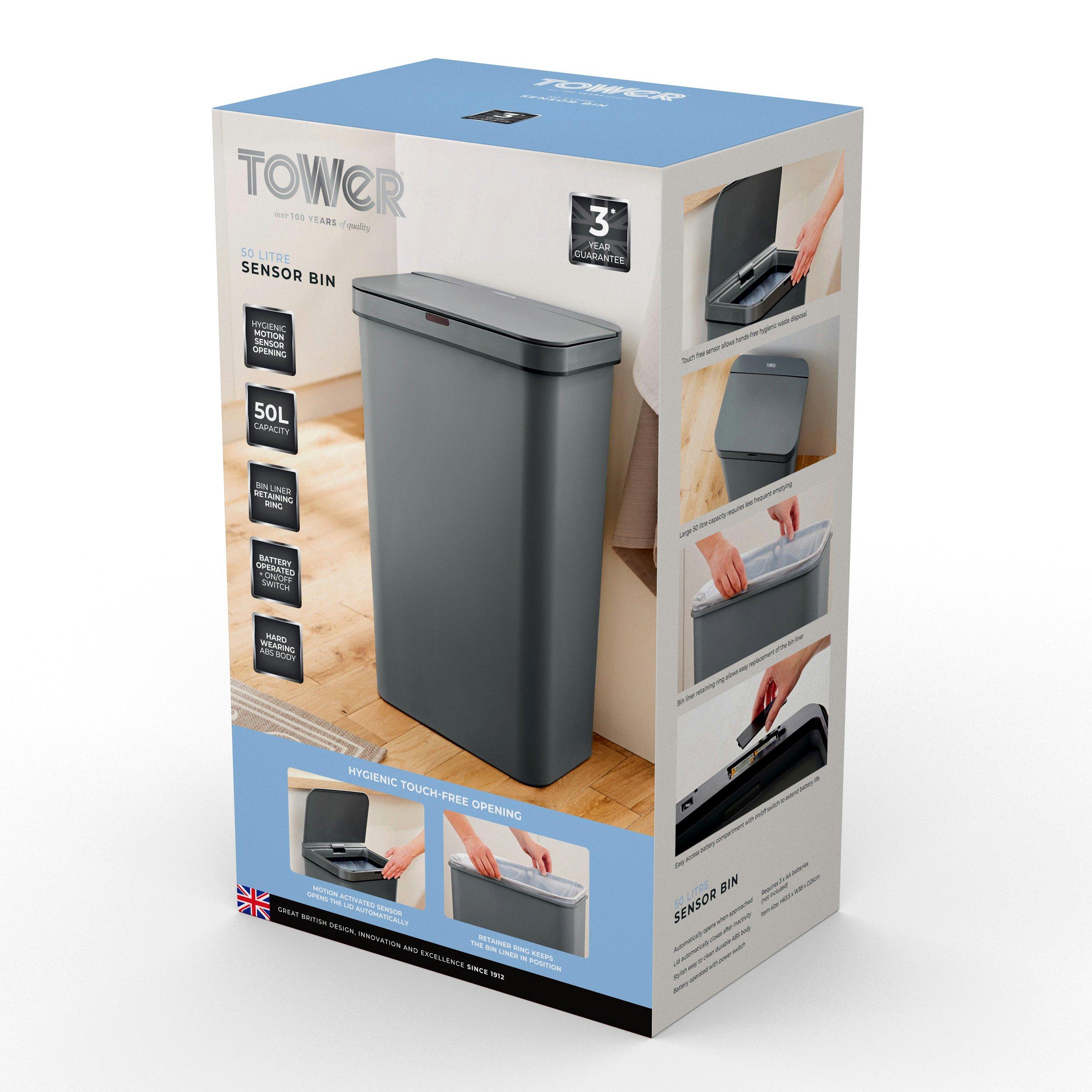 Grey - Tower - 50L Rectangular Sensor Bin Grey - 8