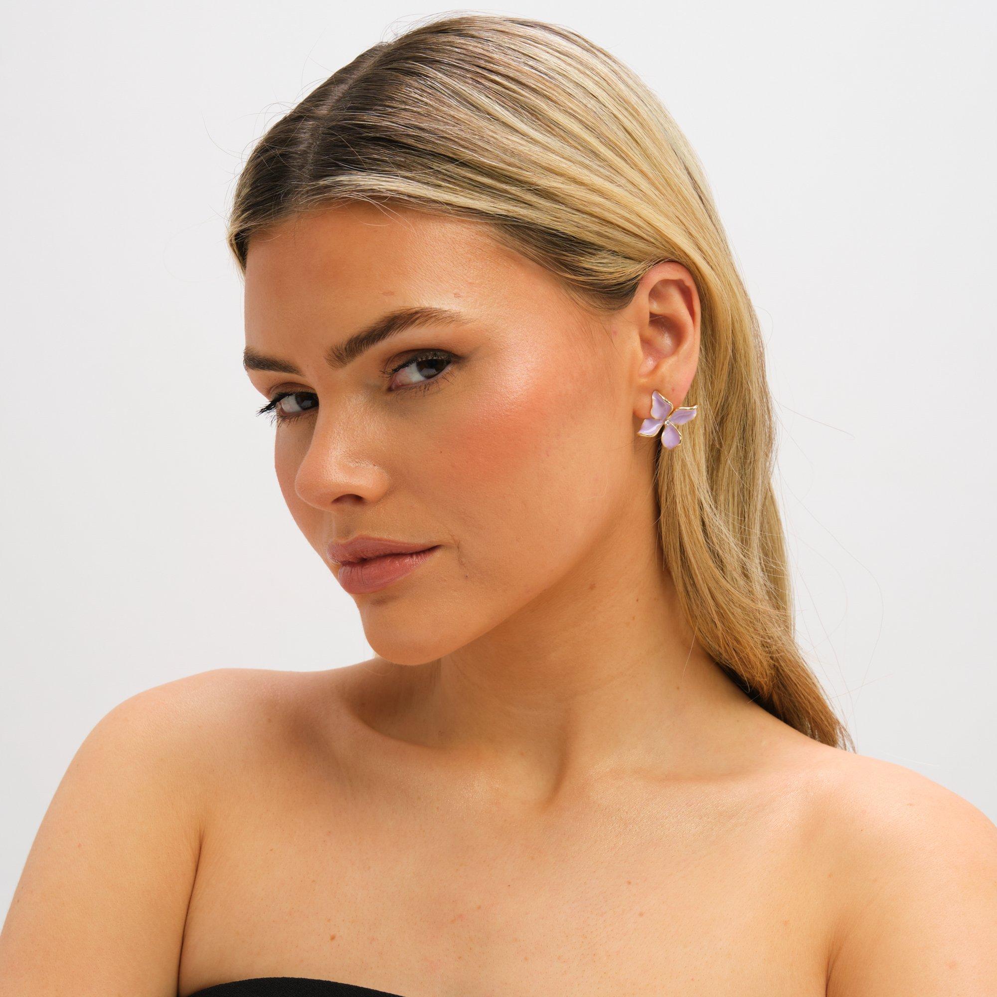 Gold - Jon Richard - Gold Plated and Purple Petal Flower Earrings - 3