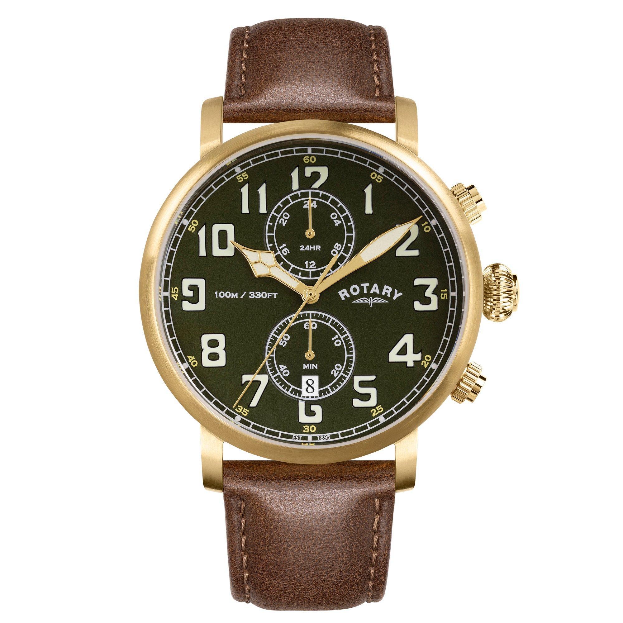 Gold - Rotary - Mens Heritage Pilot SS Brown Leather Watch - 1