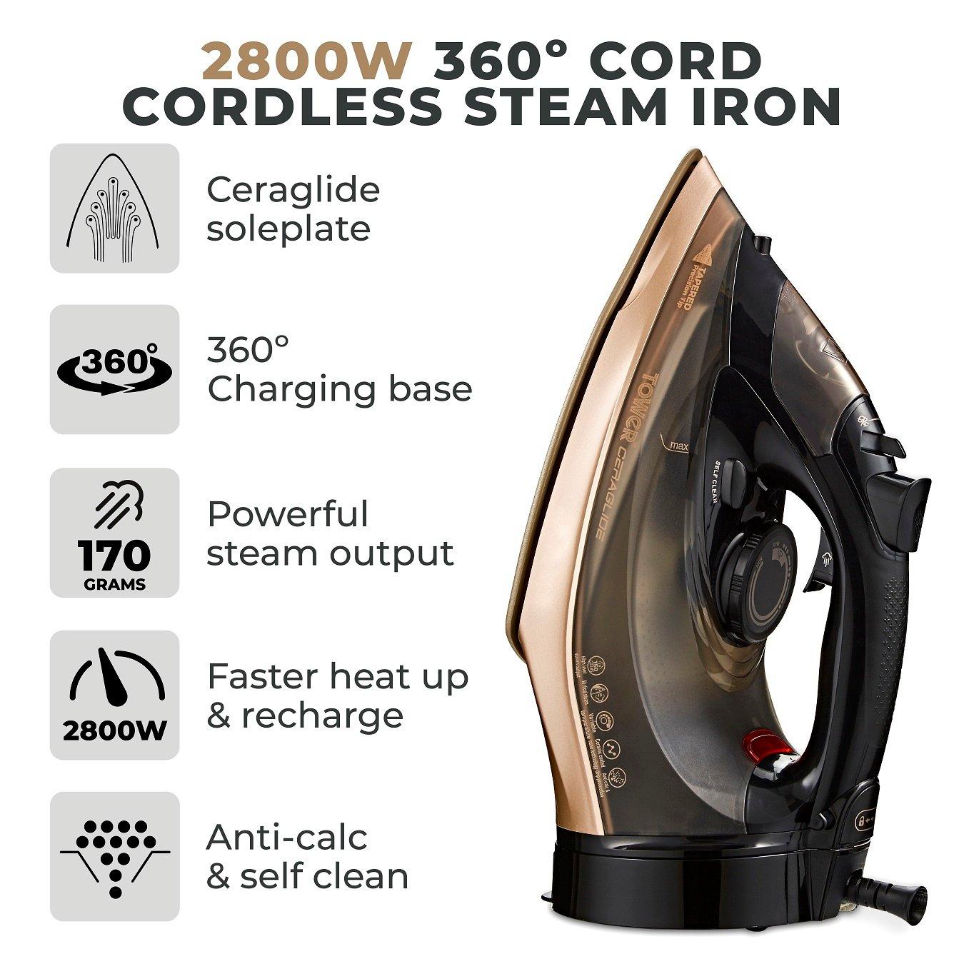 Gold - Tower - Ceraglide 2800W 360 Cord Cordless Steam Iron Black - 2