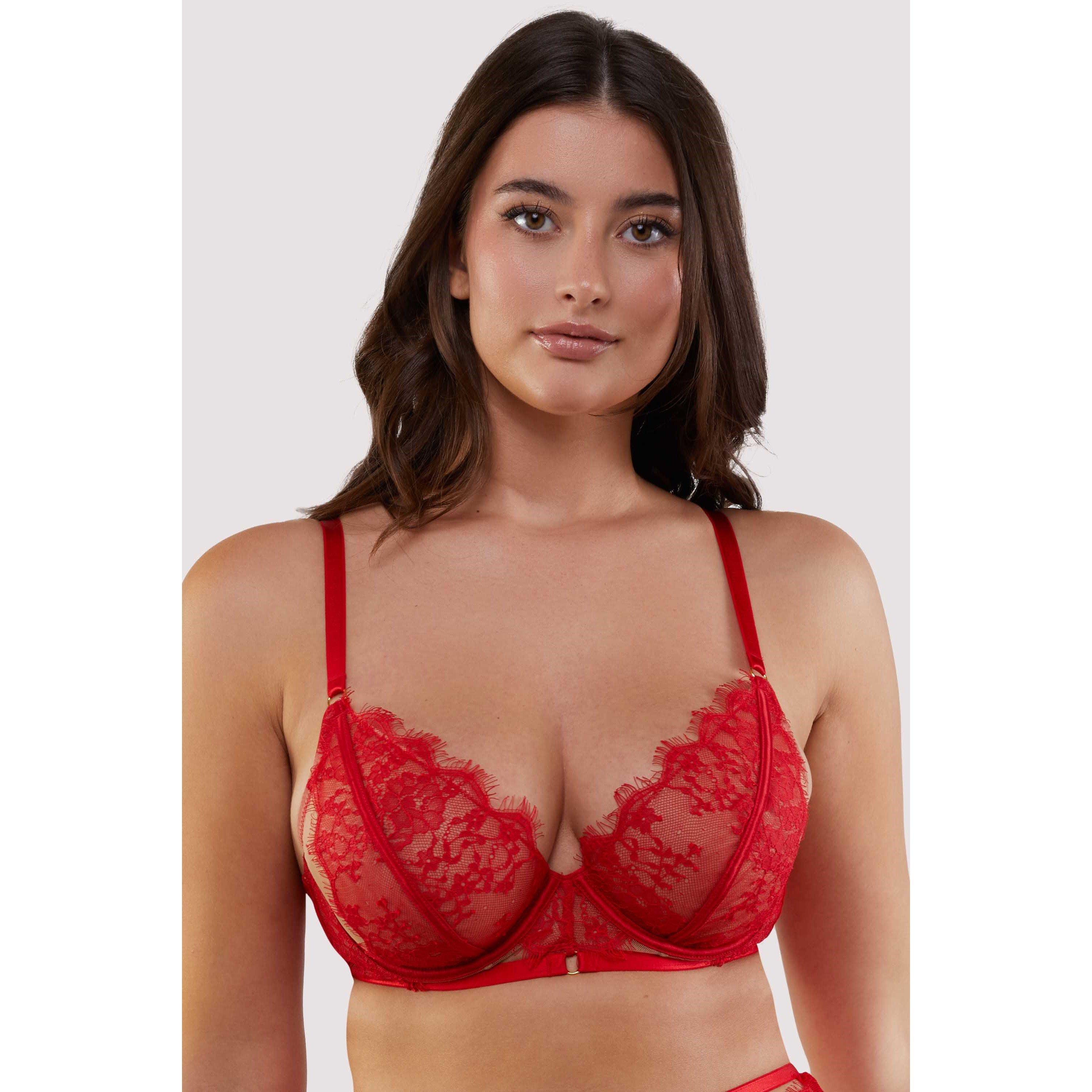 Red - Wolf and Whistle - Natalia Red Eyelash Lace Plunge Bra - 1