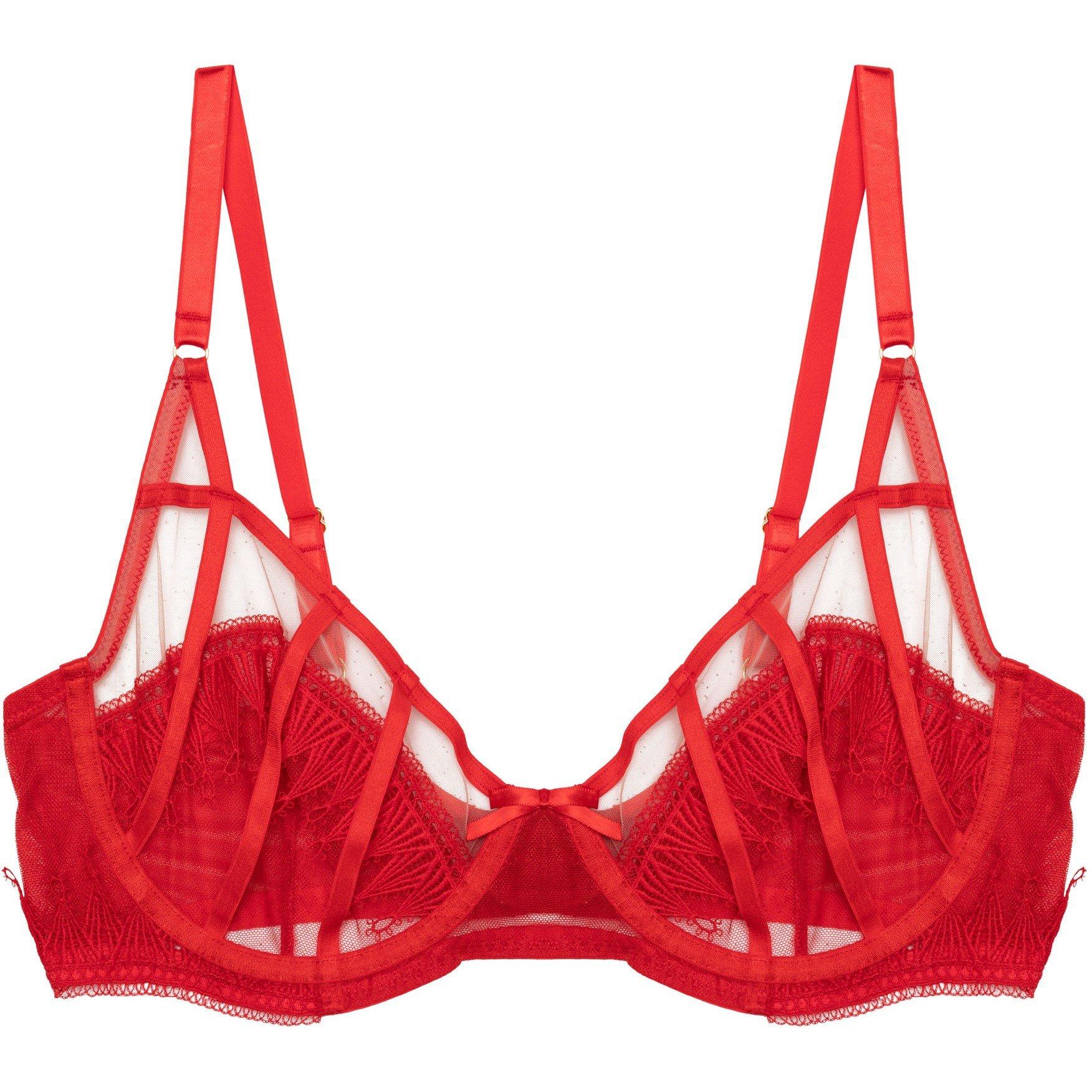 Red - Wolf and Whistle - Natalia Red Eyelash Lace Plunge Bra - 3