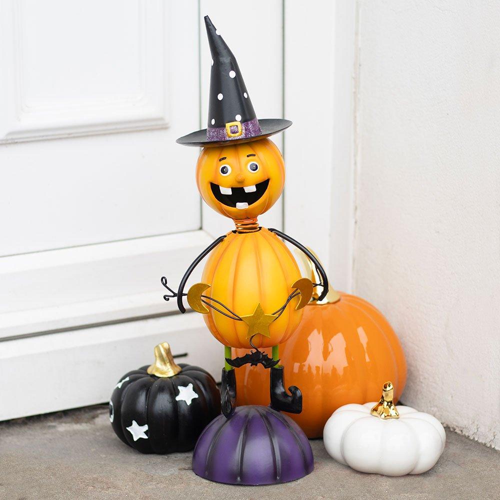 Orange - Something Different - Orange Metal Pumpkin Man Ornament with Witch Hat - 1