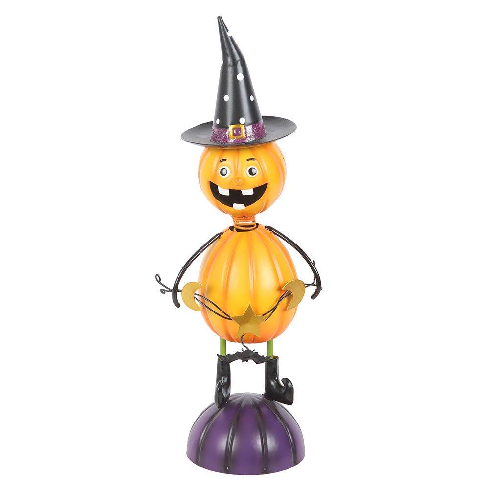 Orange - Something Different - Orange Metal Pumpkin Man Ornament with Witch Hat - 2