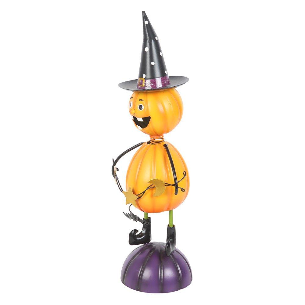 Orange - Something Different - Orange Metal Pumpkin Man Ornament with Witch Hat - 3