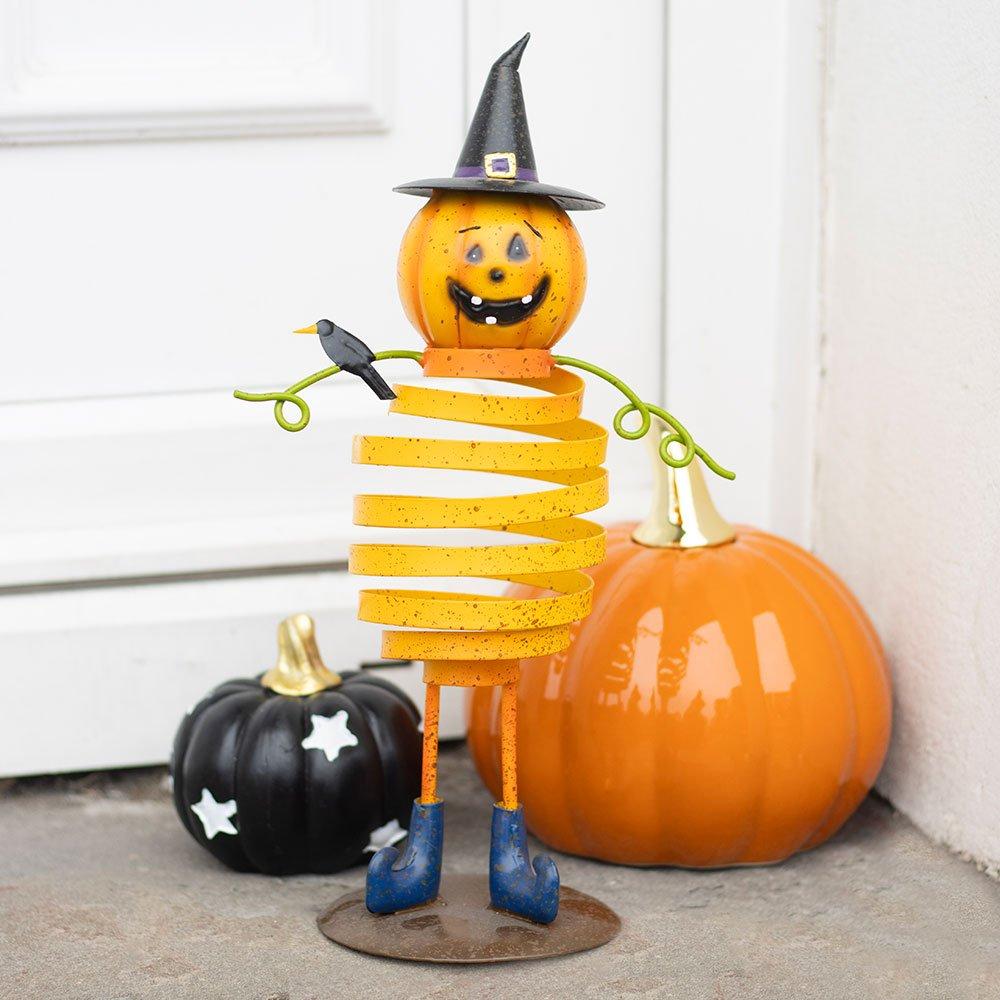 Orange - Something Different - Orange Metal Pumpkin Man Ornament with Spring Body - 1