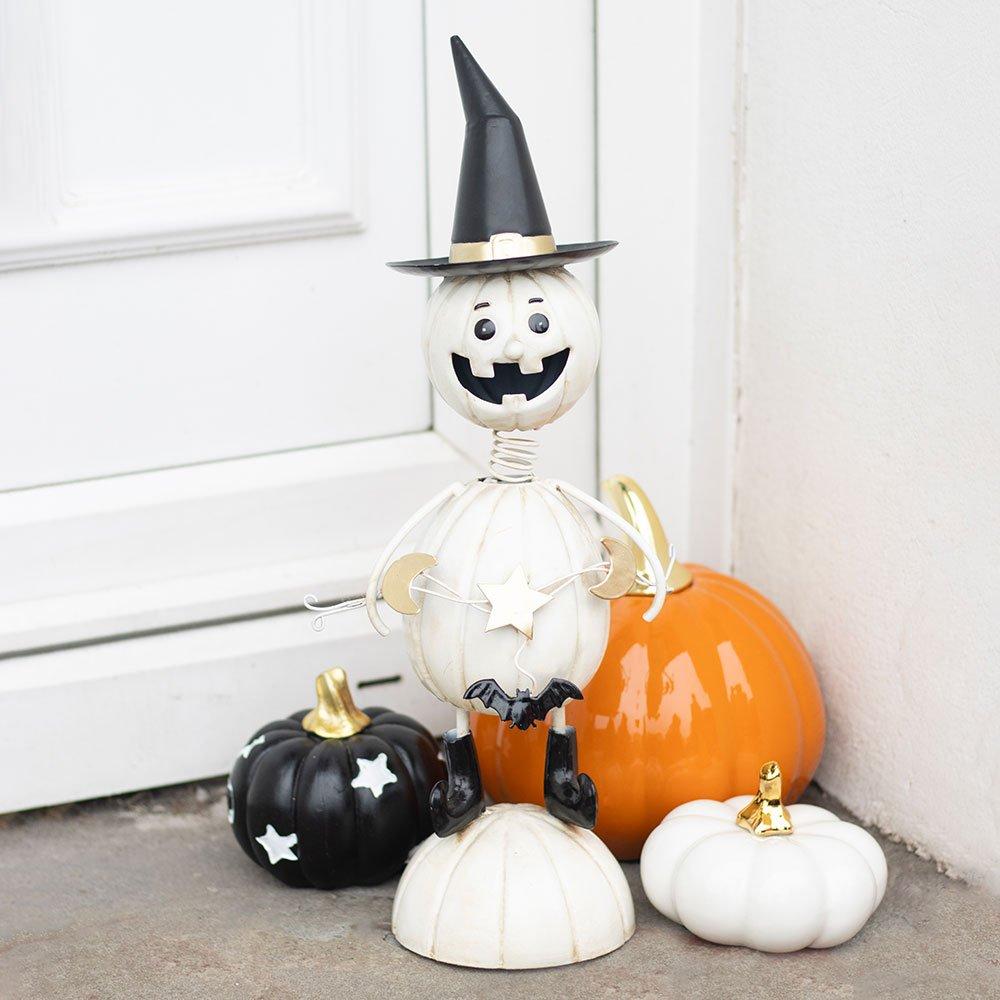 White - Something Different - White Metal Pumpkin Man Ornament with Witch Hat - 1