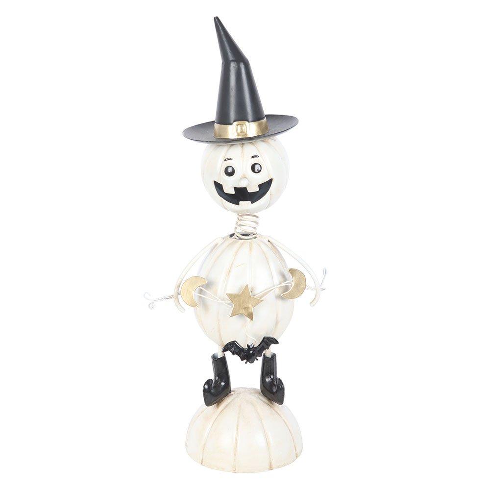 White - Something Different - White Metal Pumpkin Man Ornament with Witch Hat - 2