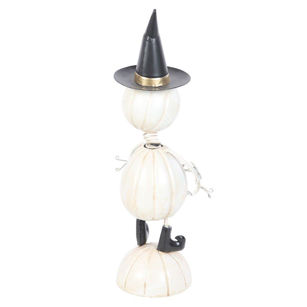 White - Something Different - White Metal Pumpkin Man Ornament with Witch Hat - 4