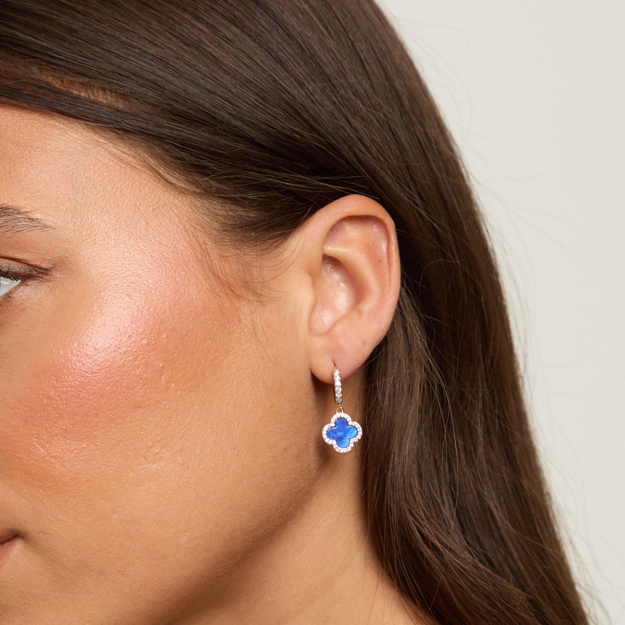 Gold - Jon Richard - Gold Plated and Lapis Clover Huggie Earrings - 2