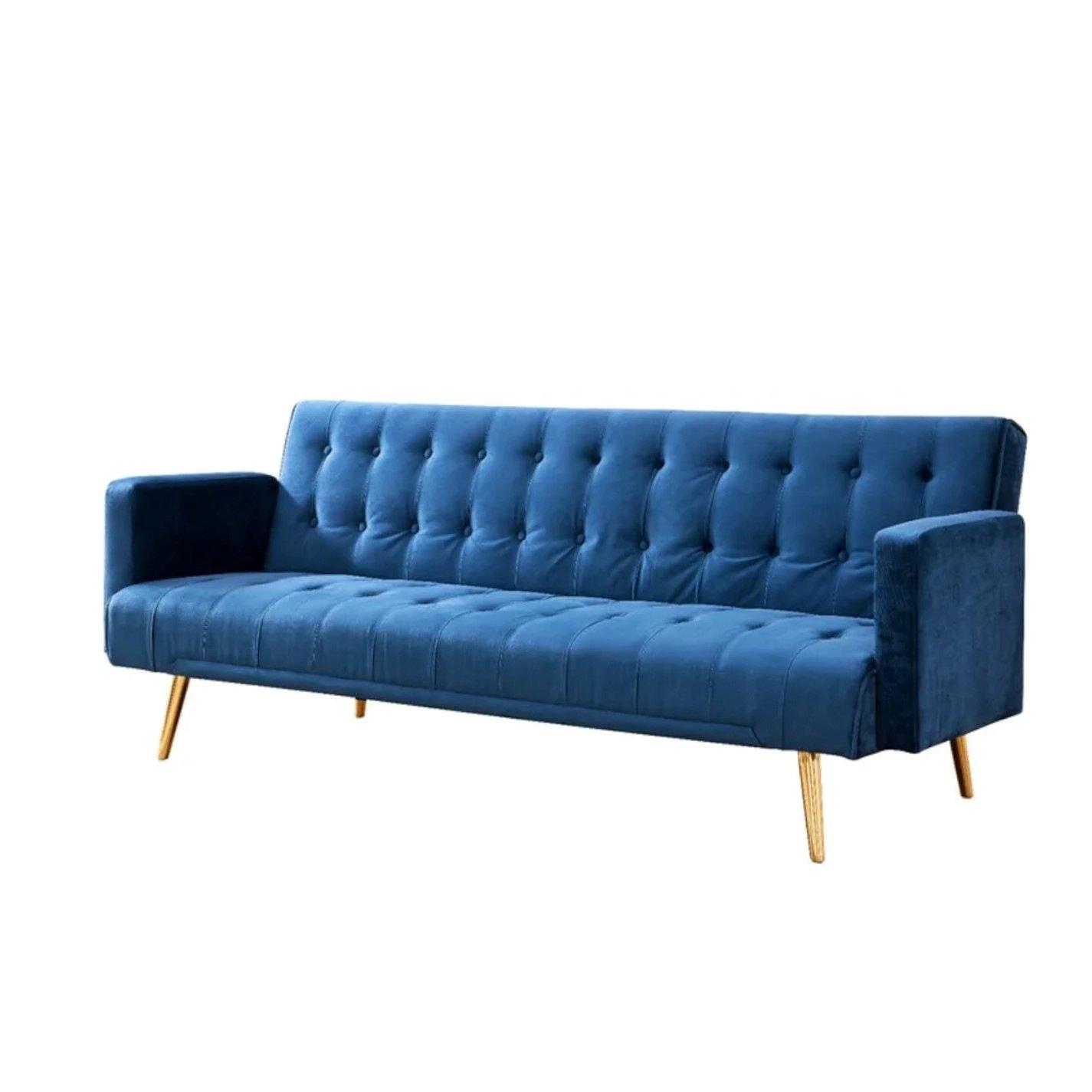 Blue - Comfy Living - Plush Velvet Sofa Bed With Gold Metal Legs - 2