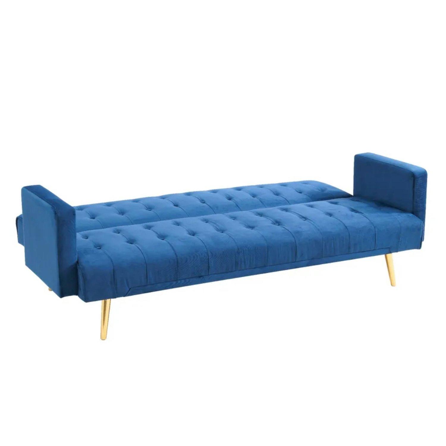Blue - Comfy Living - Plush Velvet Sofa Bed With Gold Metal Legs - 3