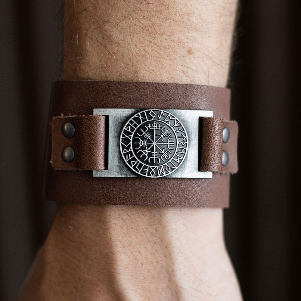 Something Different Men's Viking Compass Leather Cuff Bracelet - Brown