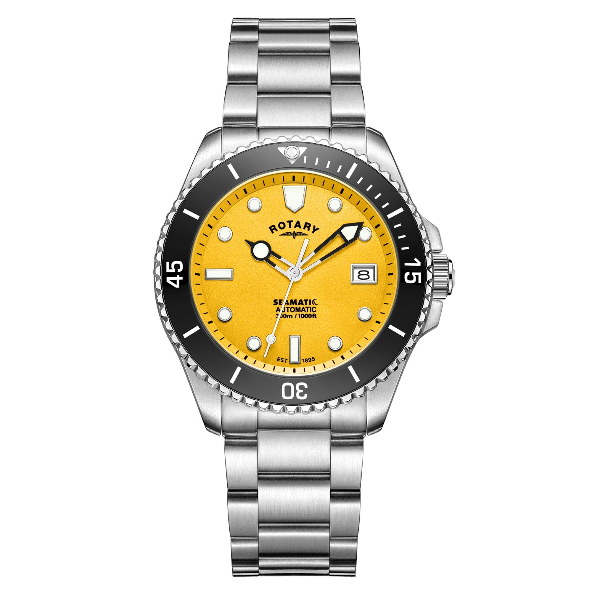 Rotary Men's Seamatic Yellow Dial Ss Bracelet Watc - Silver