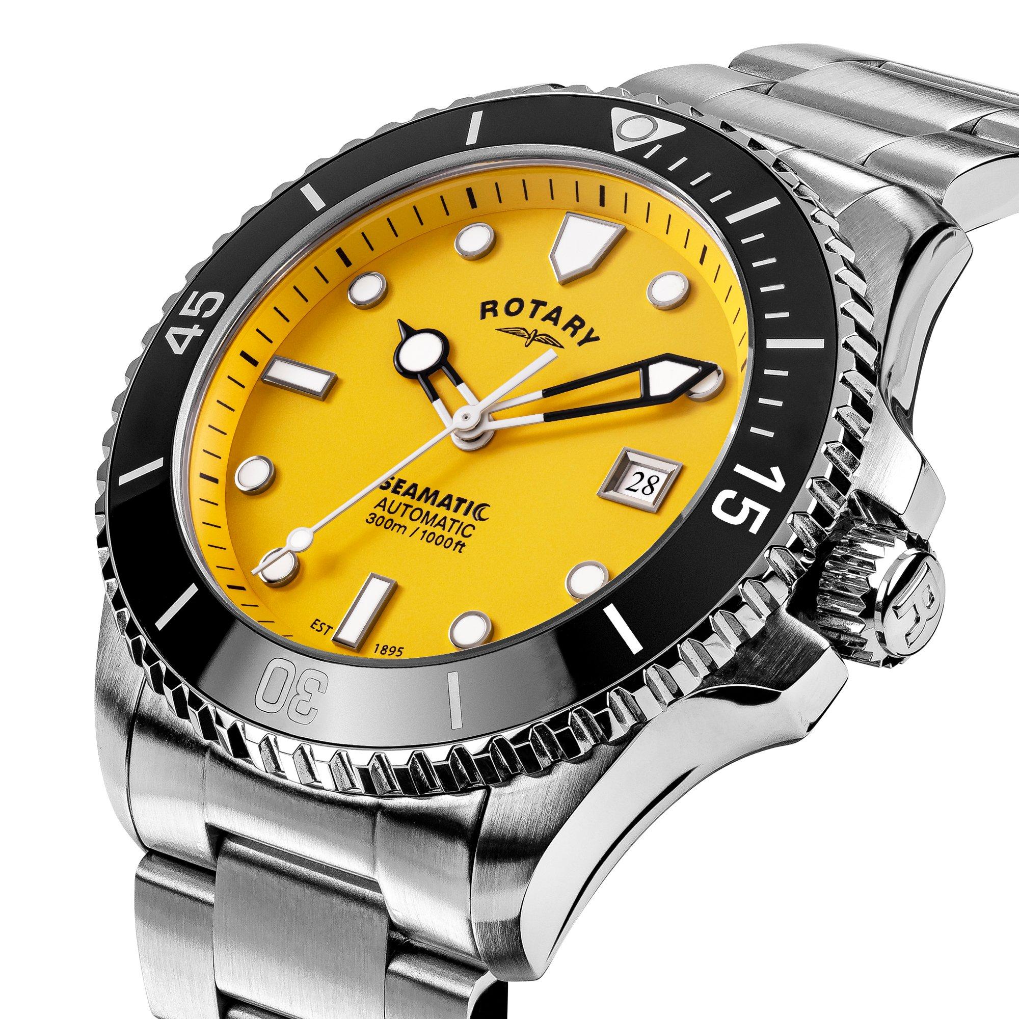 Silver - Rotary - Rotary Mens Seamatic Yellow Dial SS Bracelet Watc - 2