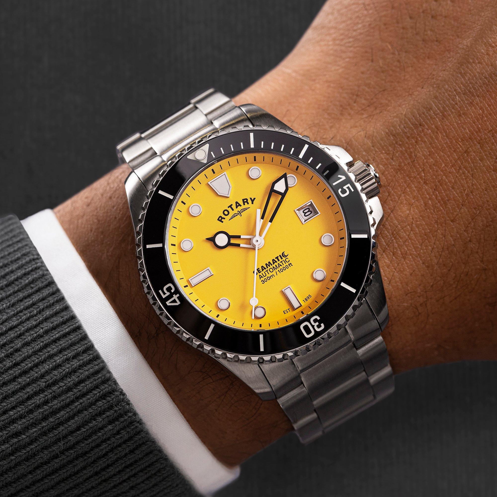 Silver - Rotary - Rotary Mens Seamatic Yellow Dial SS Bracelet Watc - 3