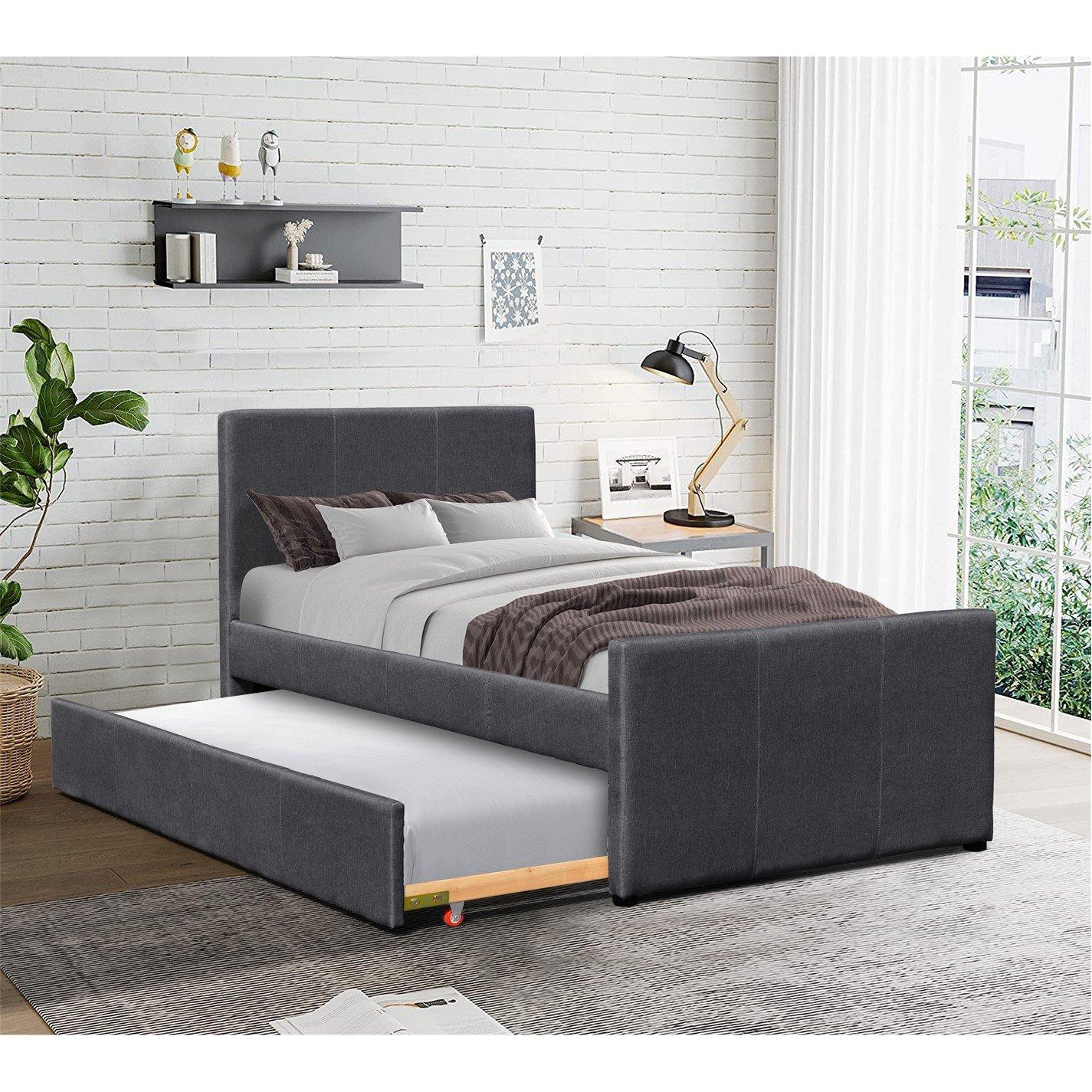 Grey - Comfy Living - 3ft Single Fabric Bed Frame With Trundle Bed in Pi - 2