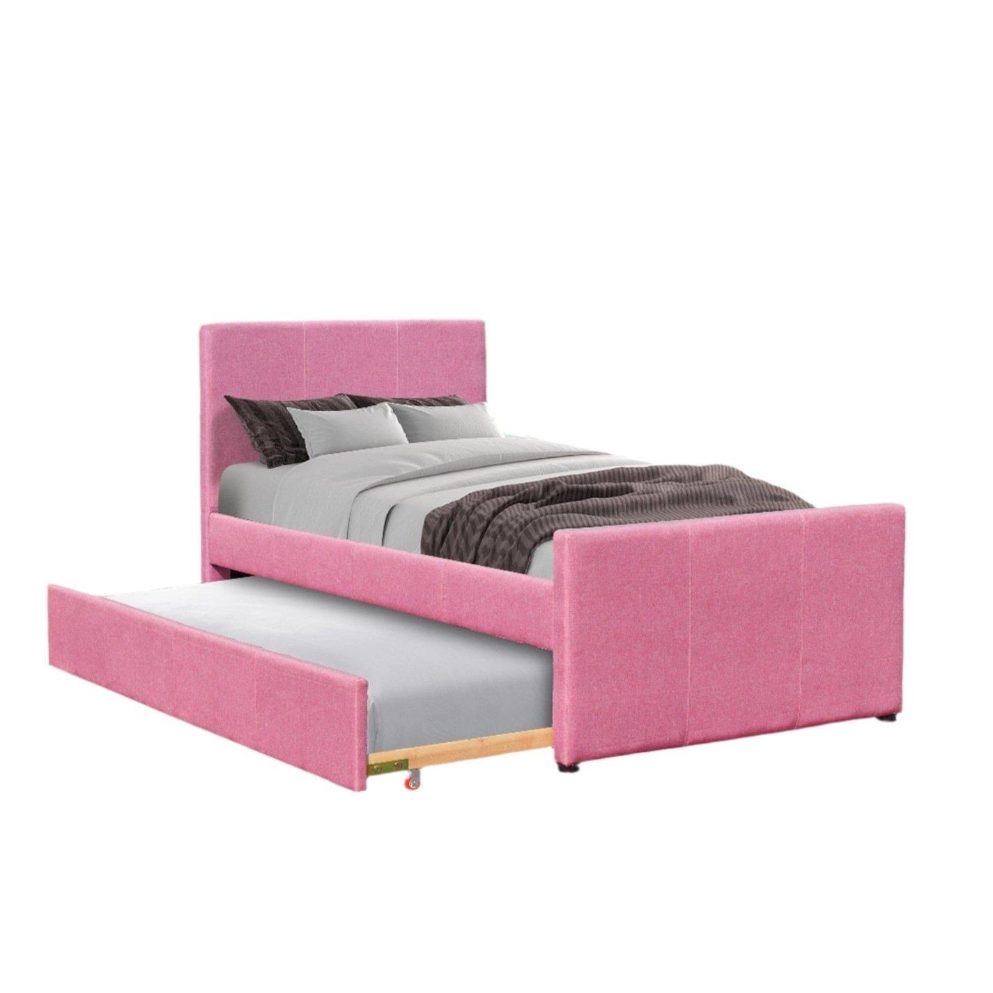 Comfy Living  3Ft Single Fabric Bed Frame With Trundle Bed In Pi - Pink