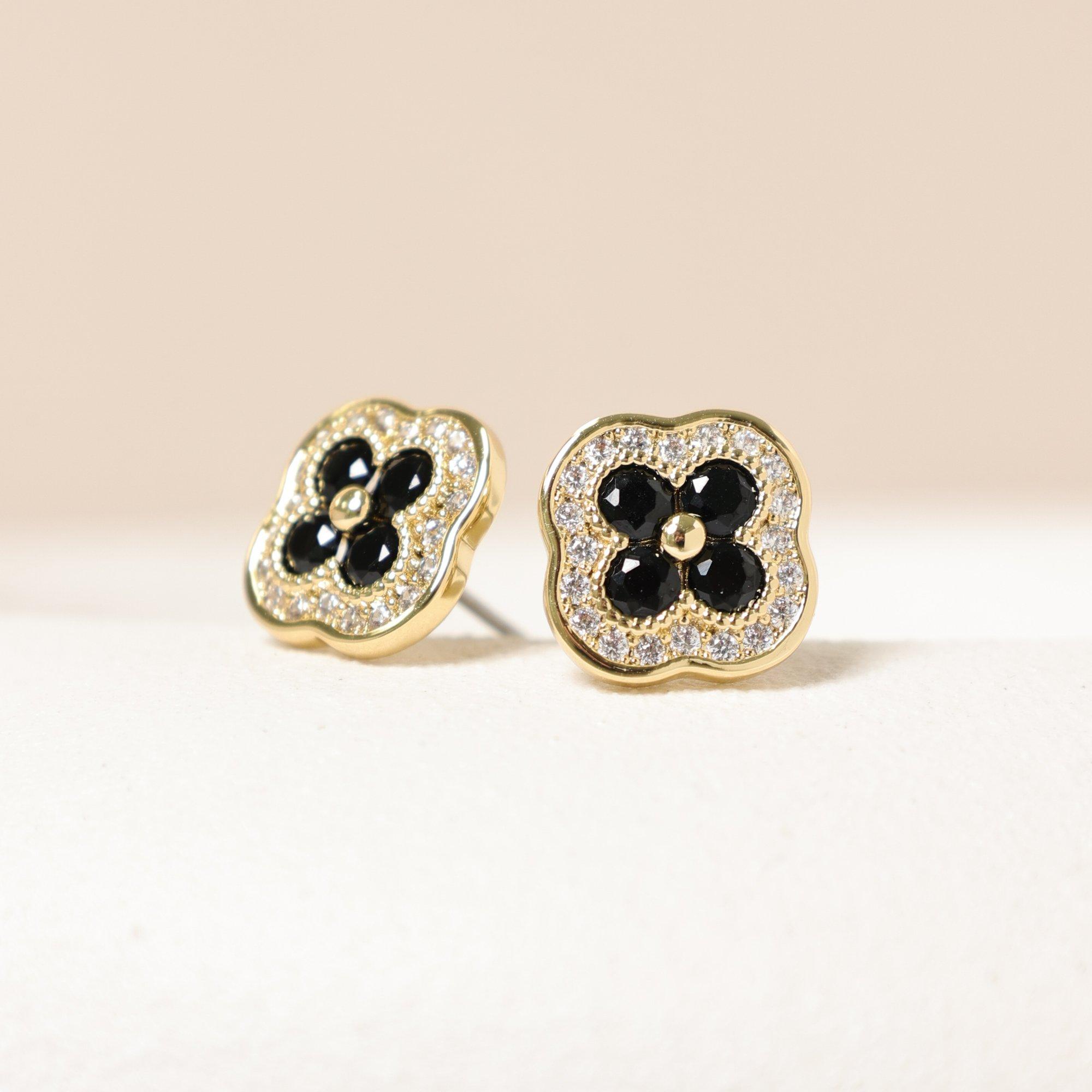 Gold - Jon Richard - 14K Gold Plated Crystal and Jet Clover Studs - 3