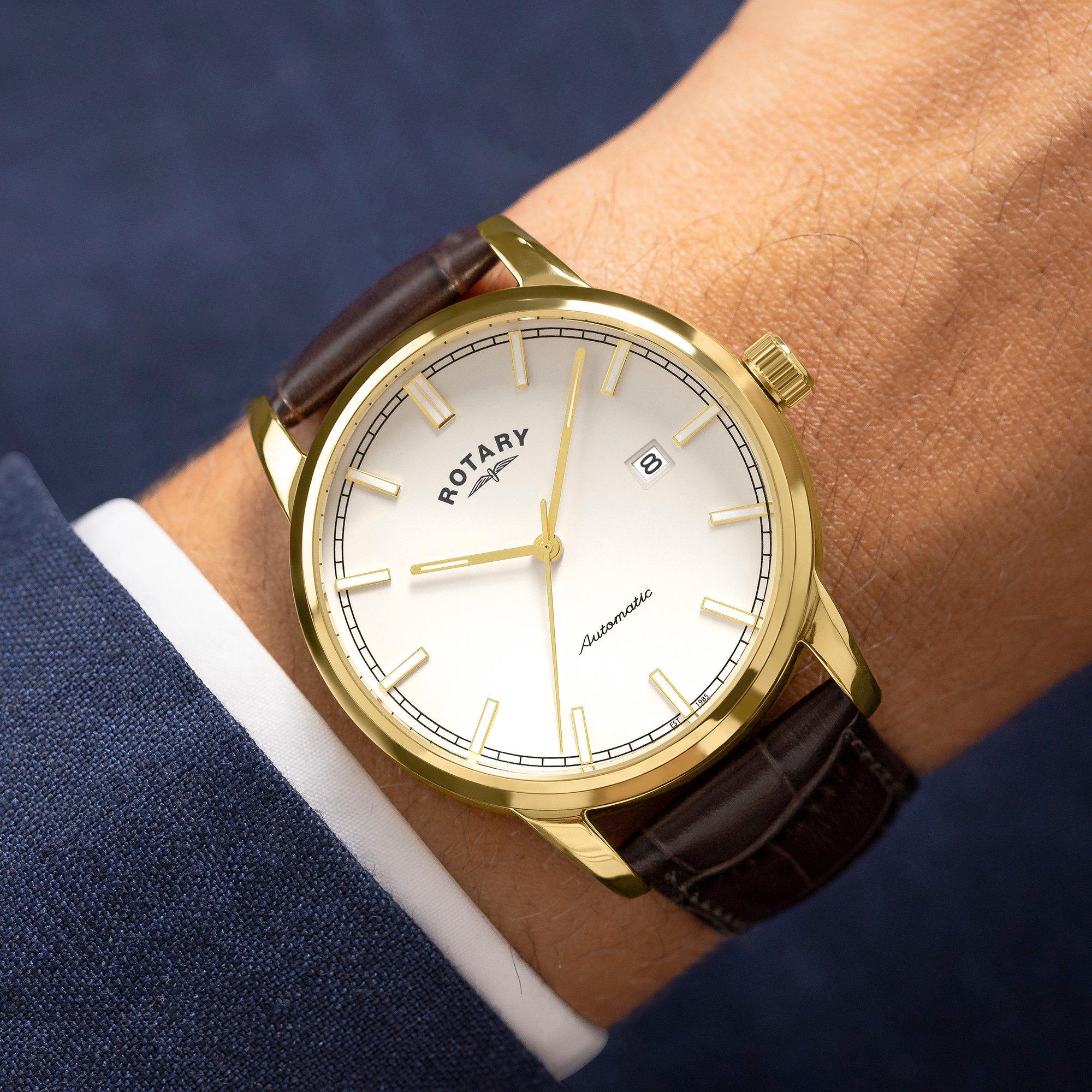 Brown - Rotary - Rotary Mens Heritage Auto SS Brown Leather Watch - 3