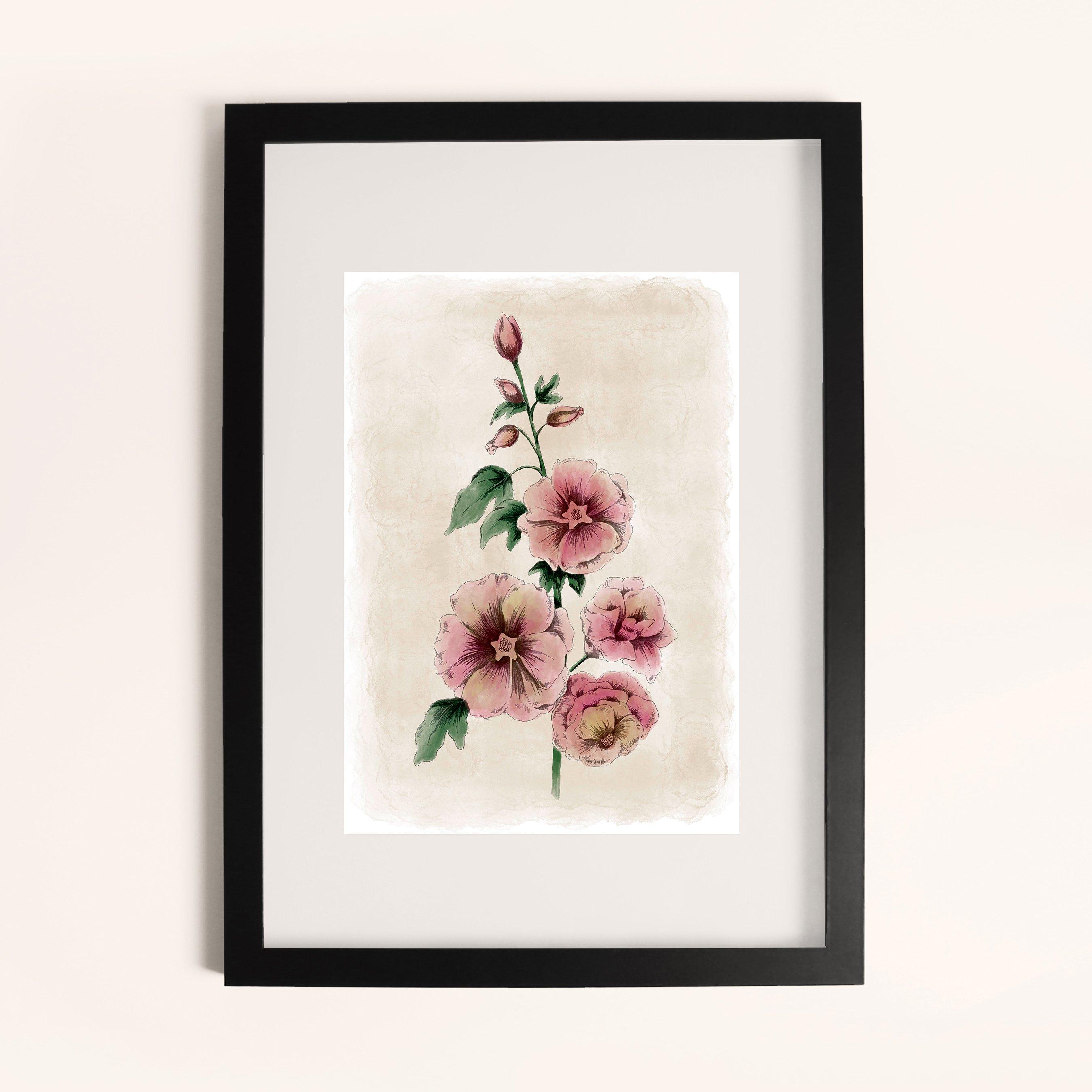 Red - Laura Ashley - Hollyhocks Flower Print in a Black Frame - 1