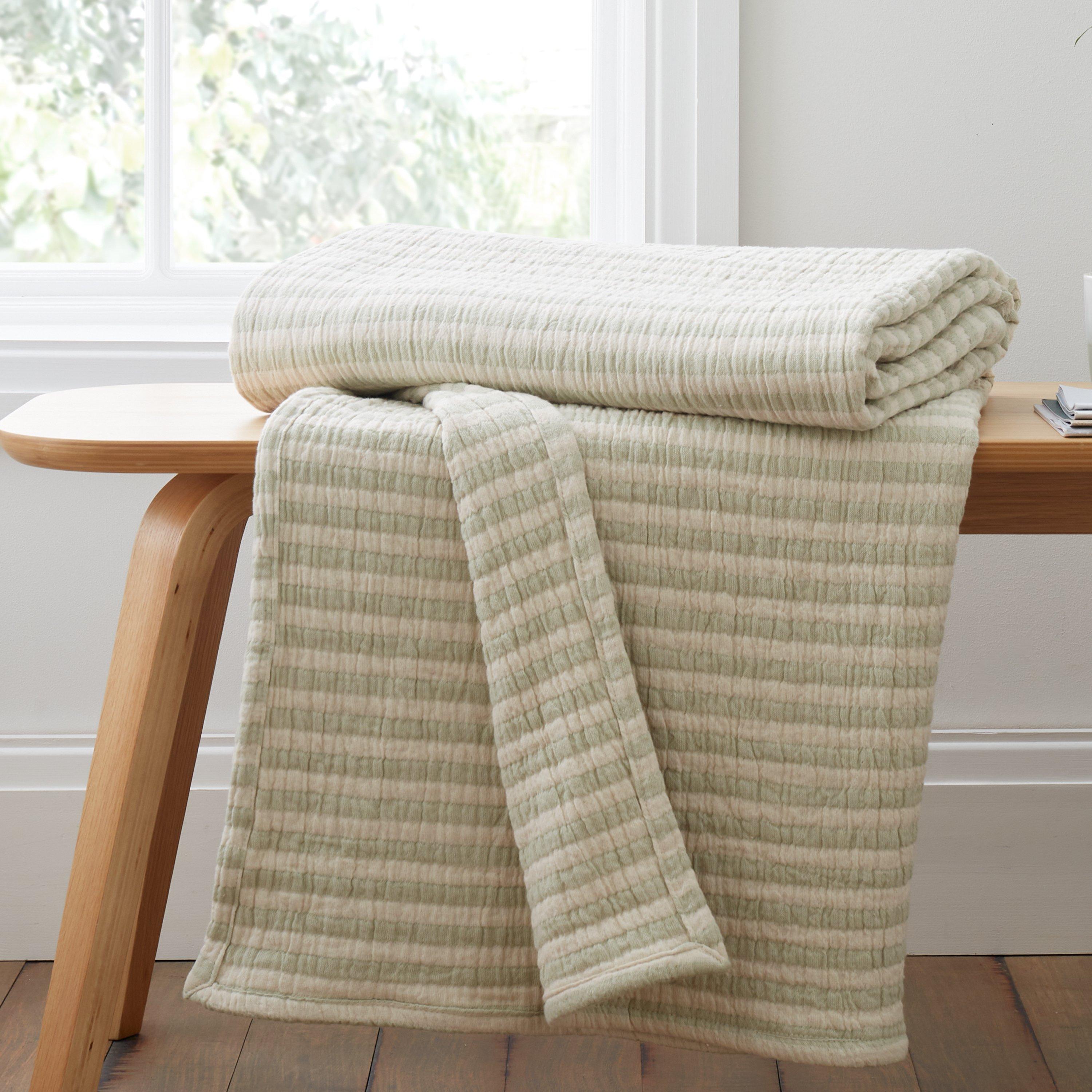 Green - Bianca - Cotton Muslin Stripe Blanket Throw - 1