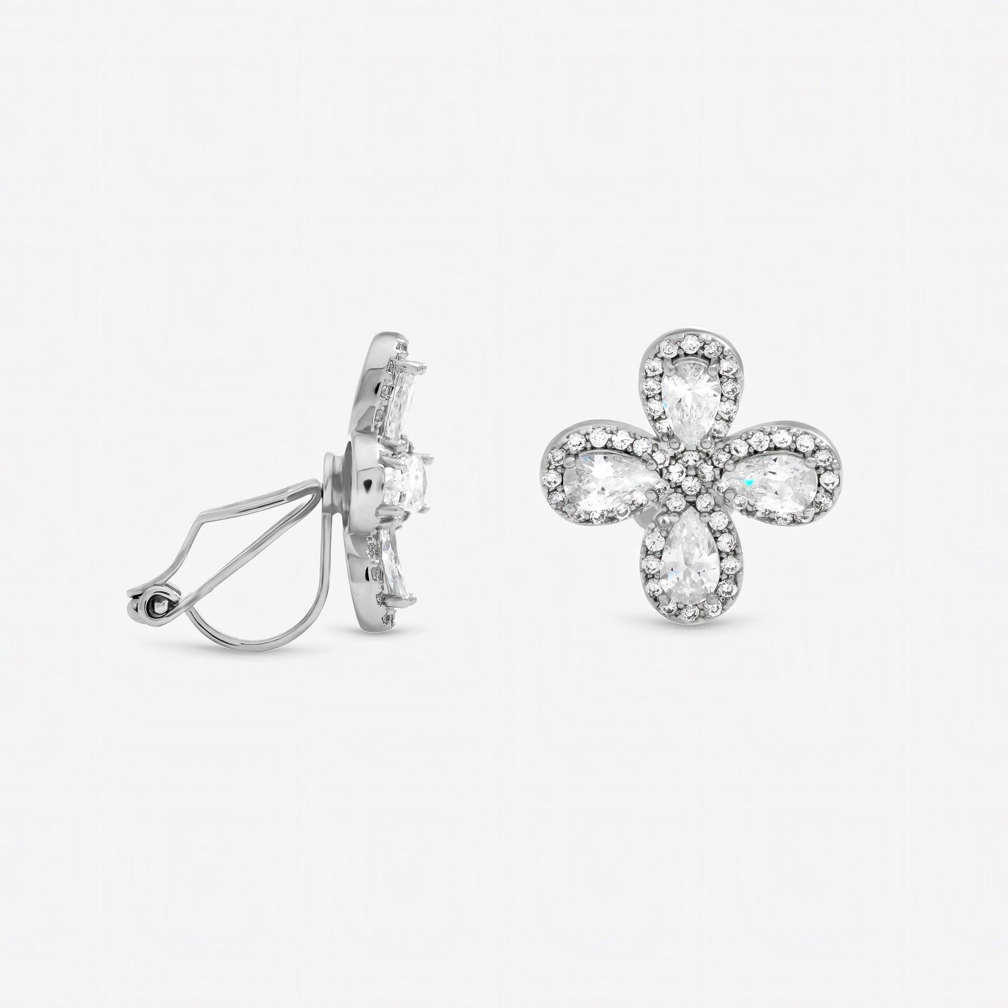 Silver - Jon Richard - Rhodium Plated and Crystal Floral Clip Earrings - 1