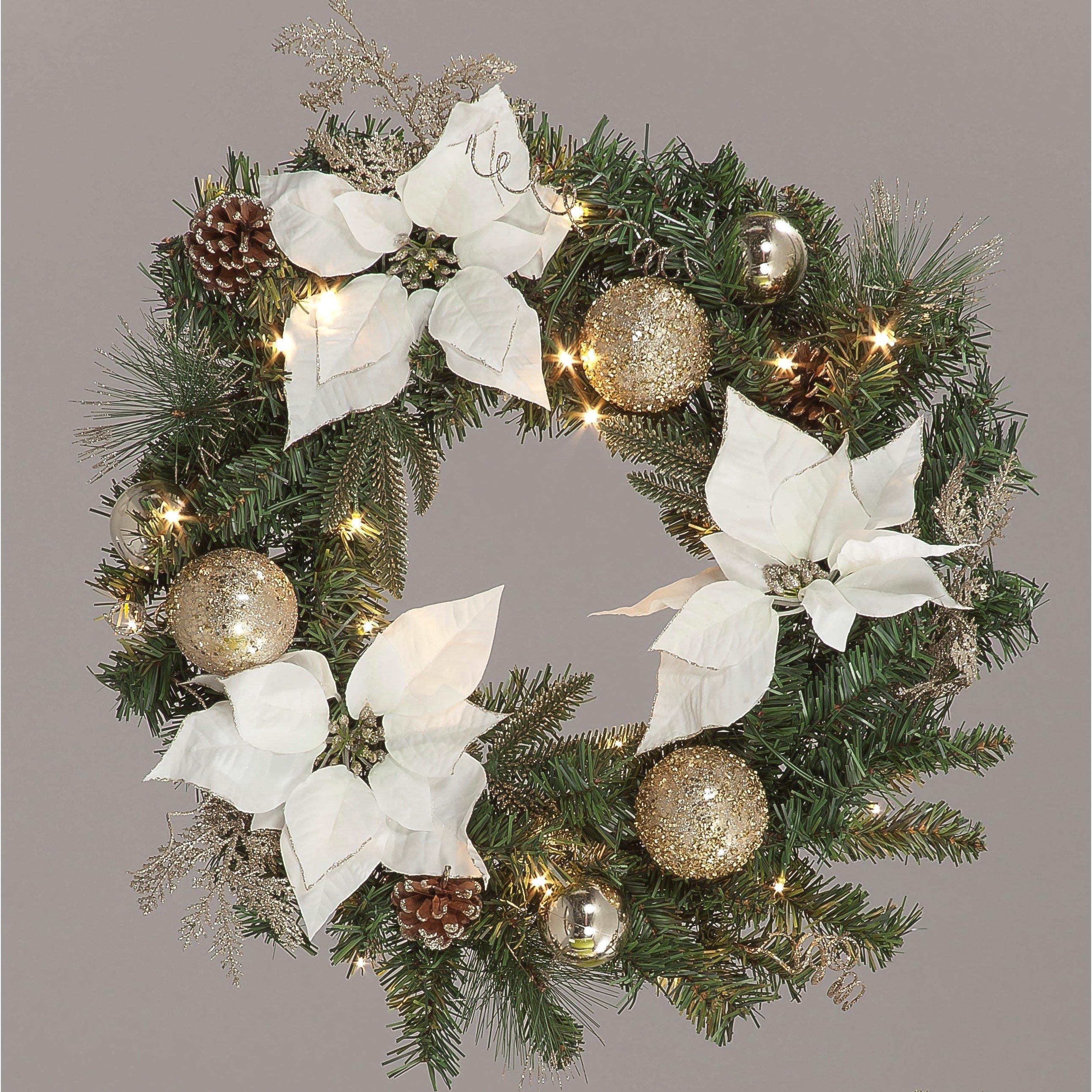 White - Snowtime - 60cm LED Lit White Poinsettia Wreath