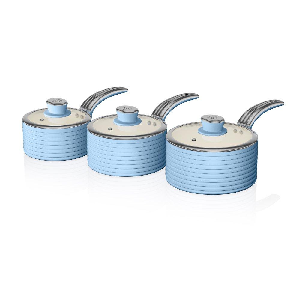 Swan  Retro 3 Piece Saucepan Set Blue - Medium