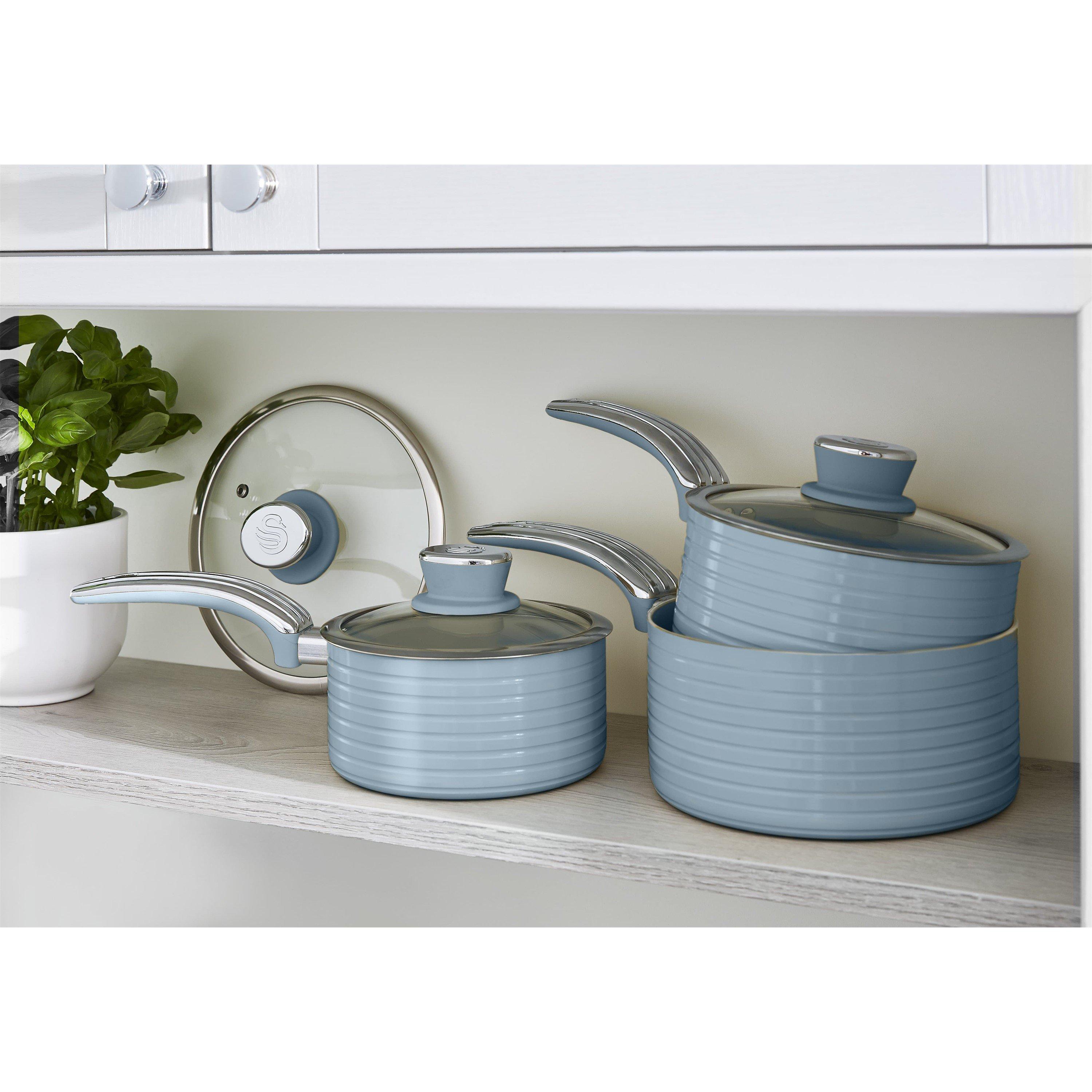 Blue - Swan - Retro 3 Piece Saucepan Set Blue - 2