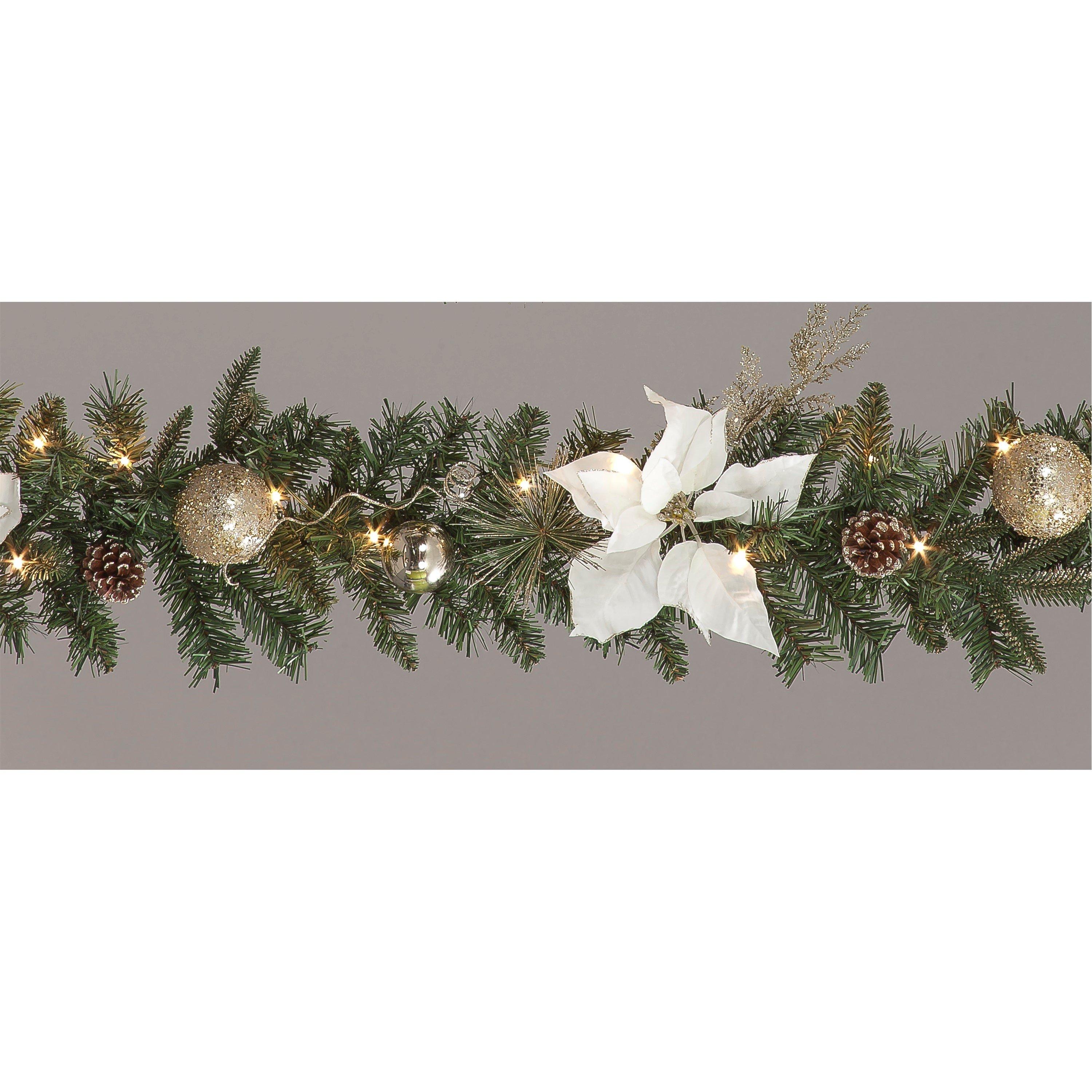 White - Snowtime - 180 cm LED Lit White Poinsettia Garland
