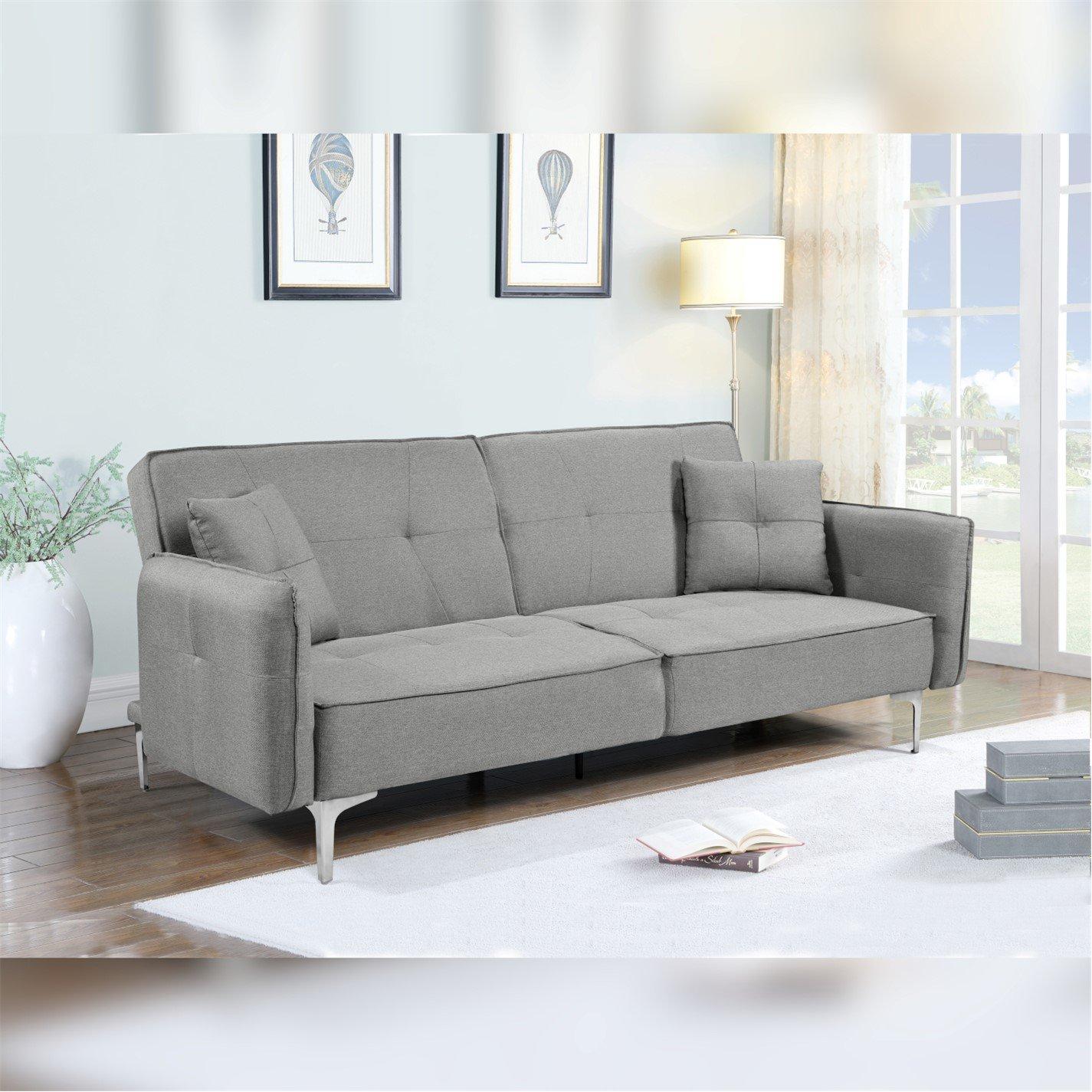 Grey - Comfy Living - Grey Linen Sofa Bed With 2 Cushions - 2