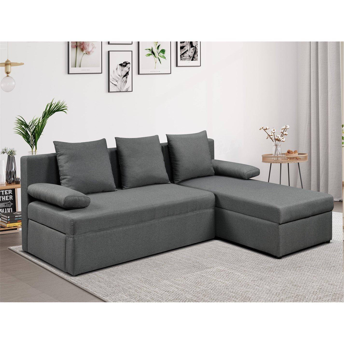 Grey - Comfy Living - Grey Linen L Shaped Corner Sofa Bed with Storage - 2