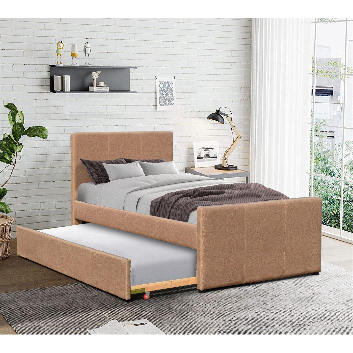 Brown - Comfy Living - 3ft Single Fabric Bed Frame With Trundle Bed in Pi - 2