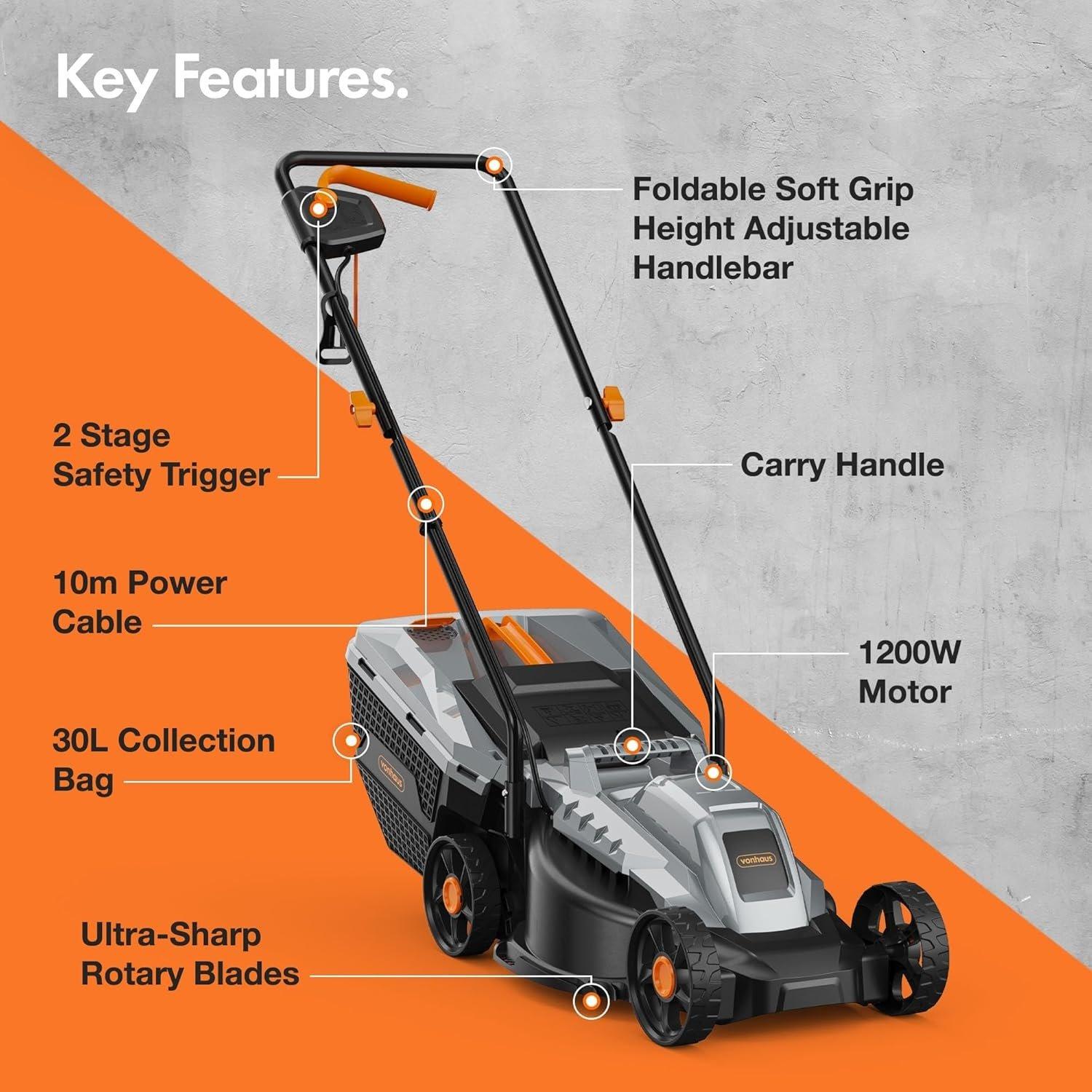Grey - VonHaus - VonHaus 1200W Corded Lawn Mower - 6