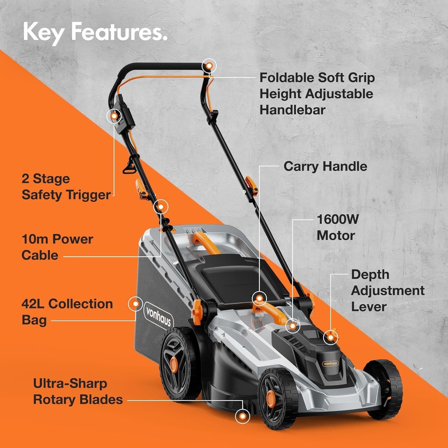 Grey - VonHaus - VonHaus Lawnmower 1600W – Electric Corded Mower - 6