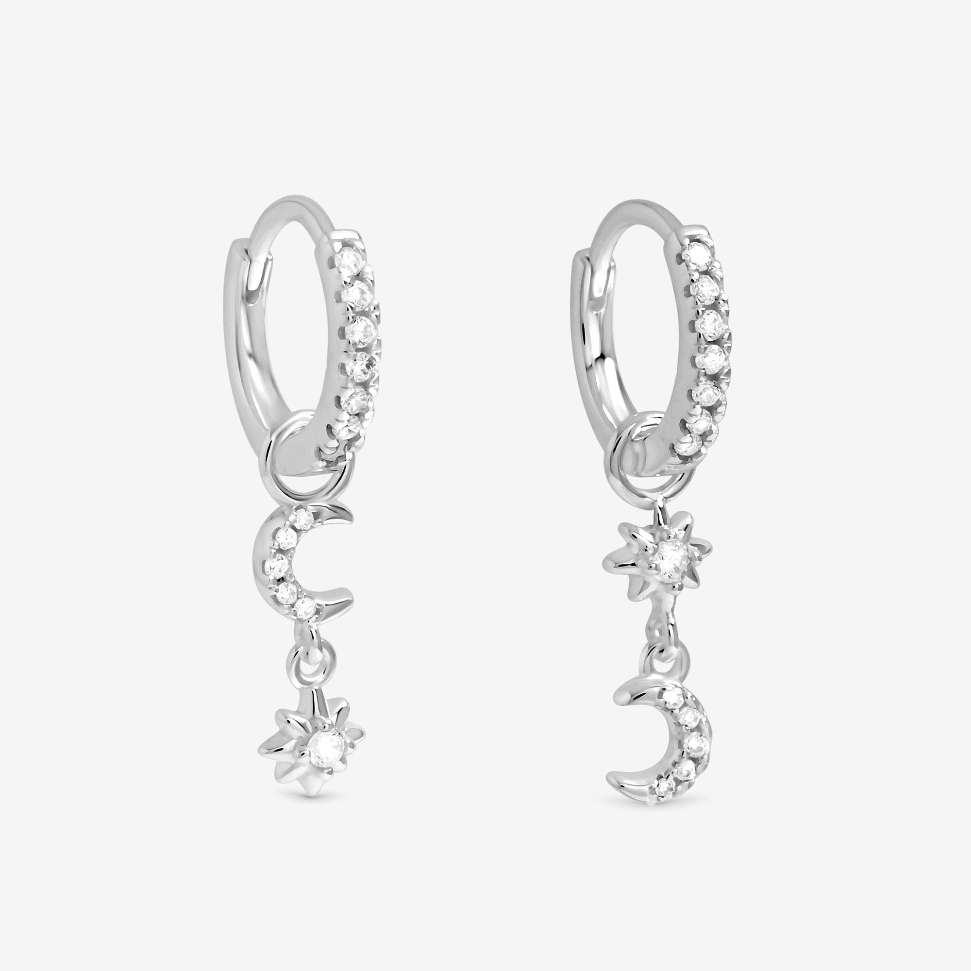 Silver - Simply Silver - Sterling Silver 925 Pave Mismatch Celestial Hoops - 1