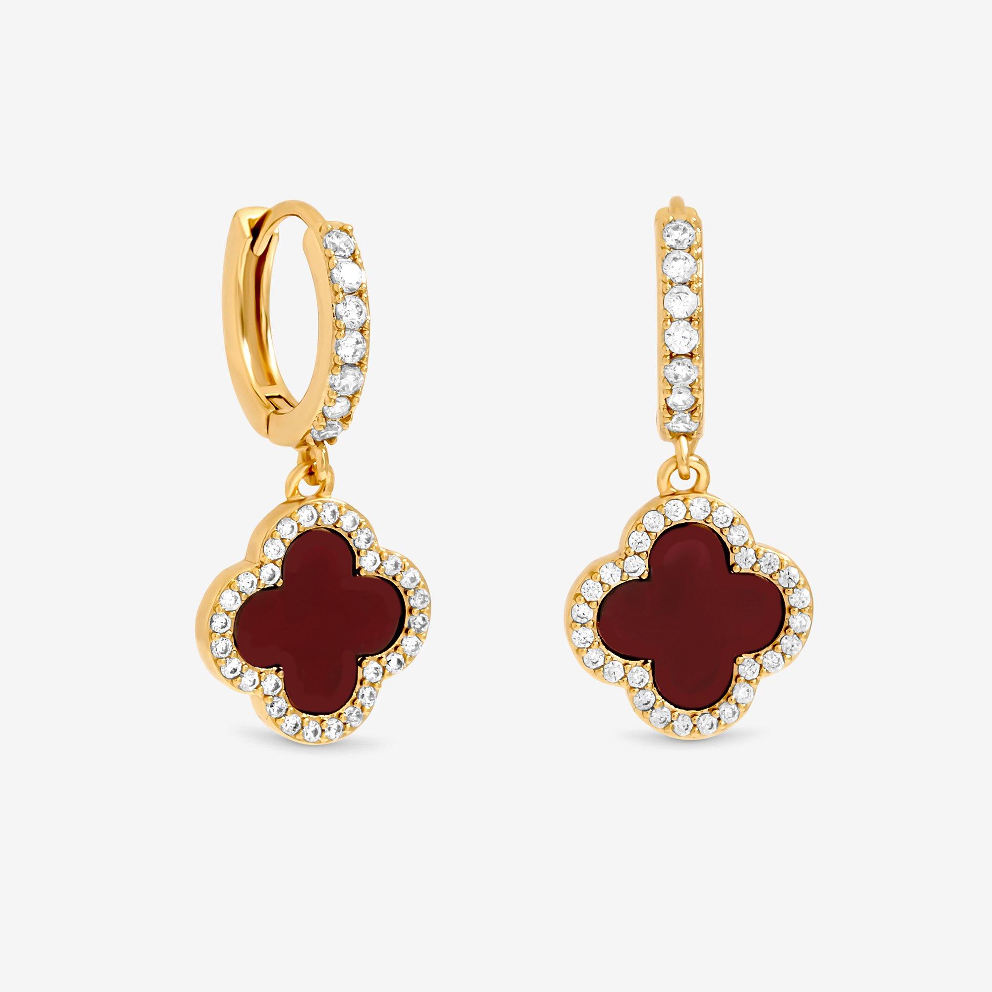 Gold - Jon Richard - Gold Plated and Carnelian Clover Huggie Earrings - 1