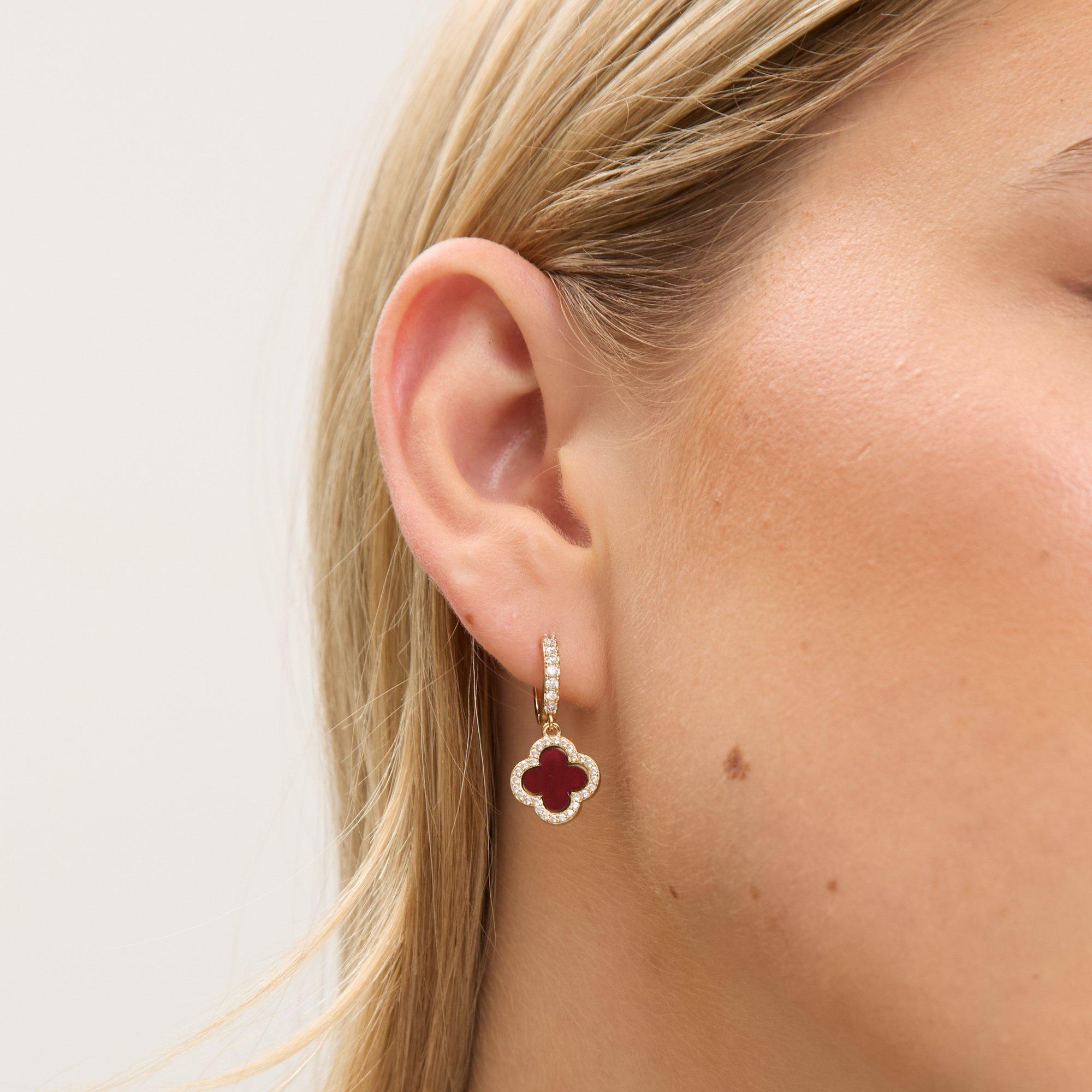 Gold - Jon Richard - Gold Plated and Carnelian Clover Huggie Earrings - 2