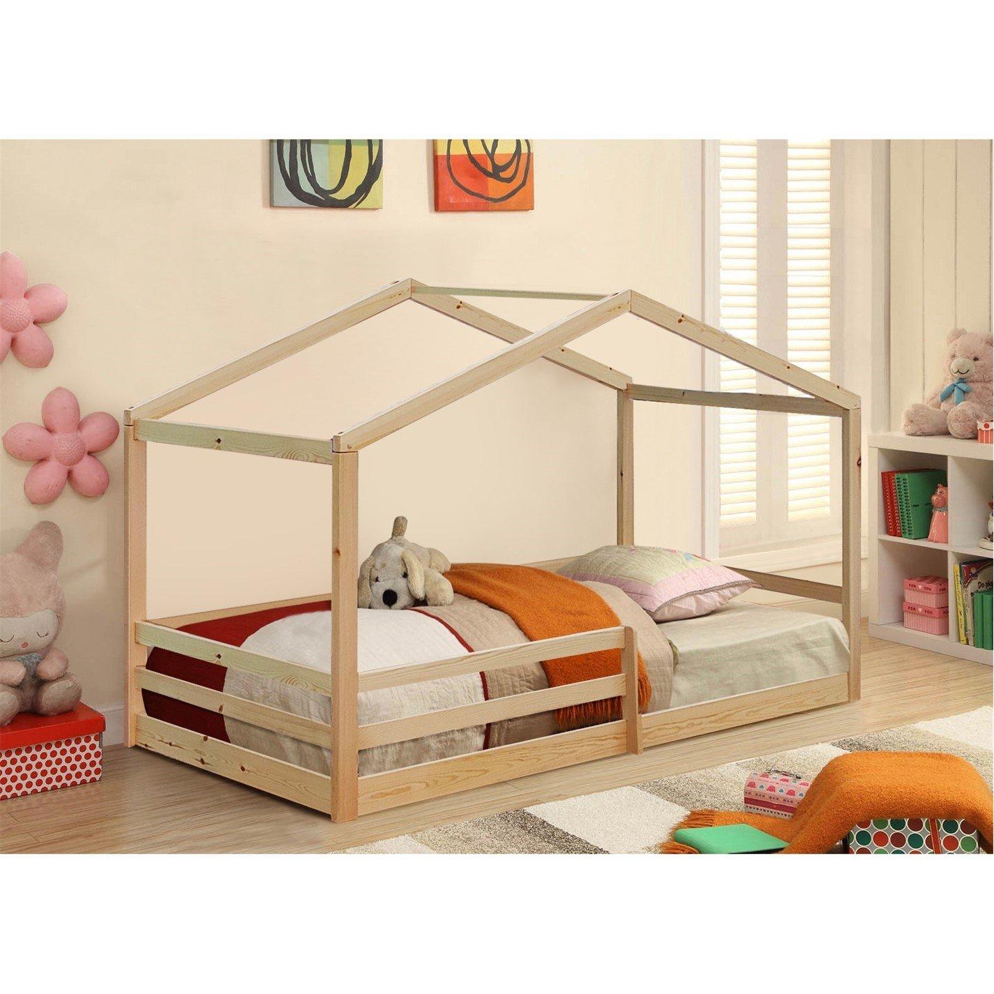 Comfy Living  Kids 3Ft House Bed Frame With Tent And Mat - Pine - & Grey