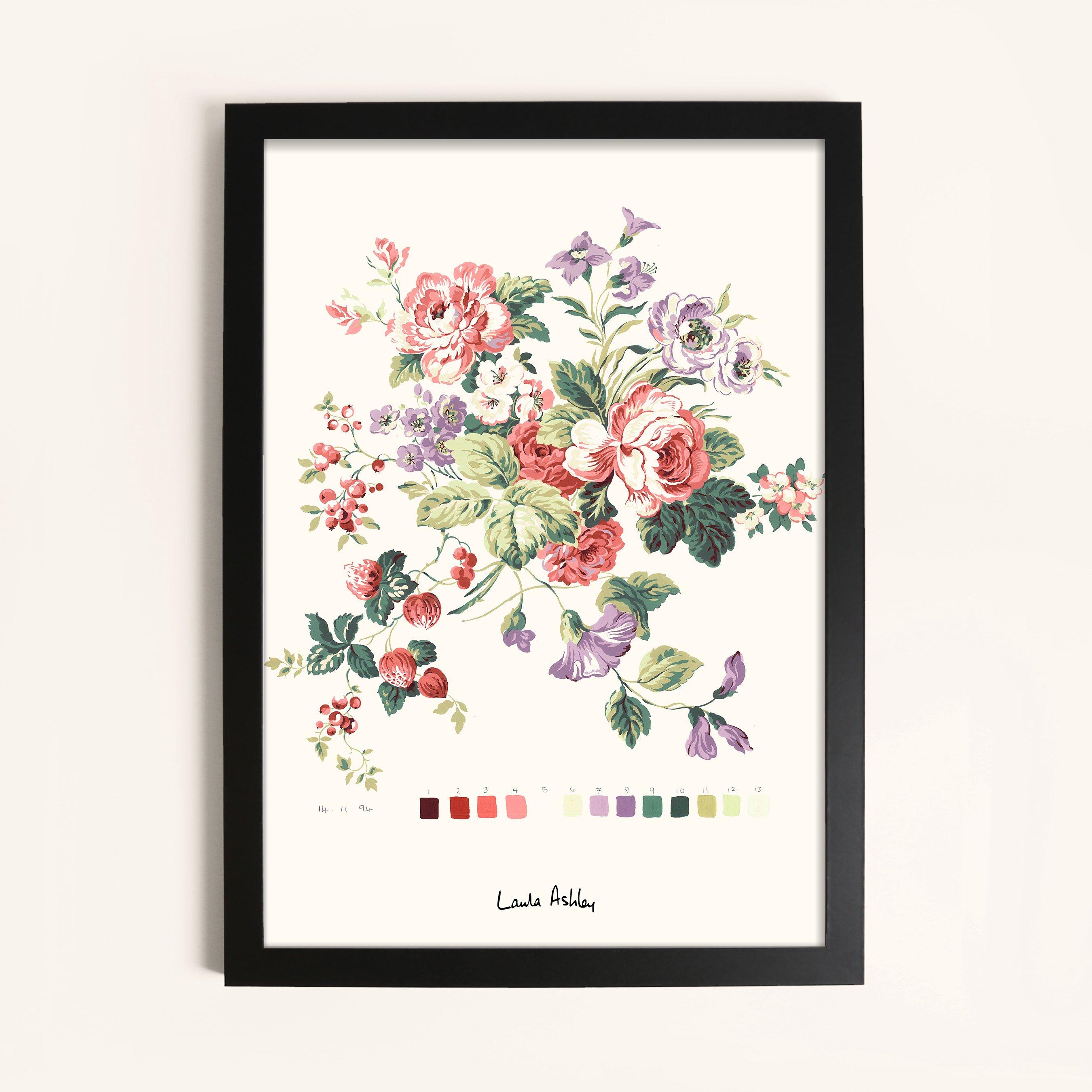 Laura Ashley  Rosemore Print In A Black Frame - White - 40x50cm