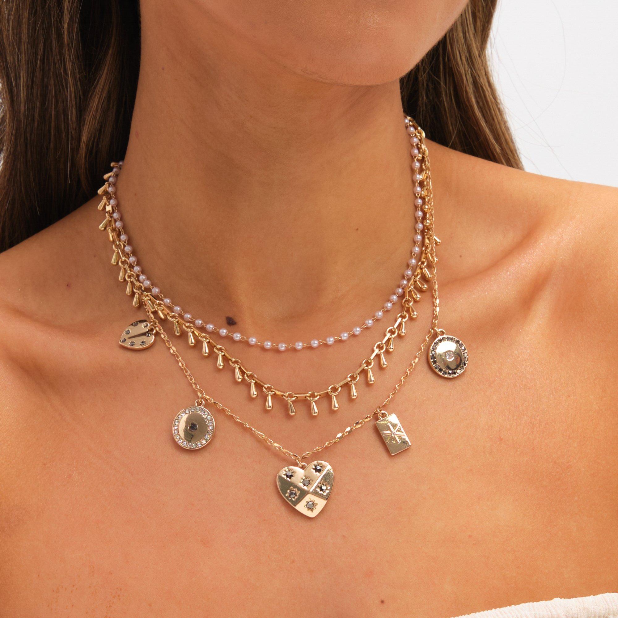 Gold - Mood - Gold Plated Celestial Charm Multirow Necklace - 2