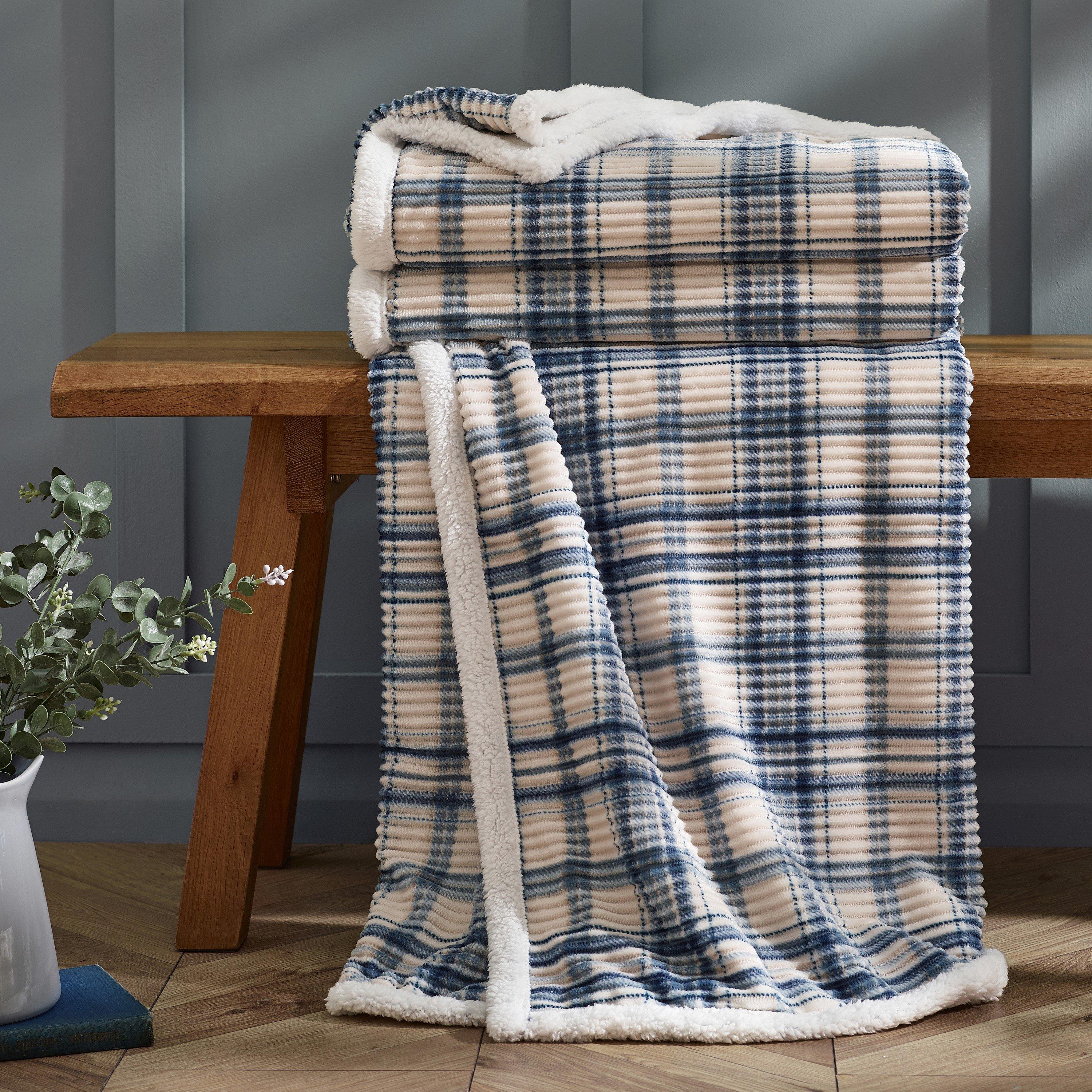 Blue - Catherine Lansfield - Cosy Ribbed Check Blanket Throw - 1