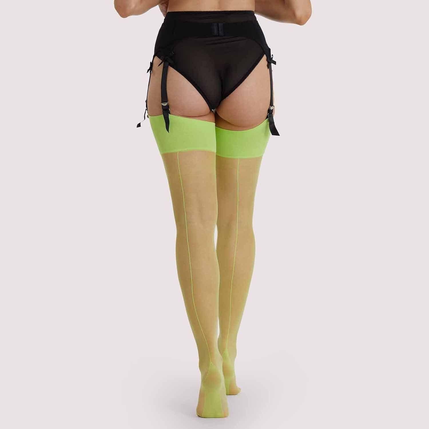 Yellow - Playful Promises - Acid Lime Seamed Stockings - 2