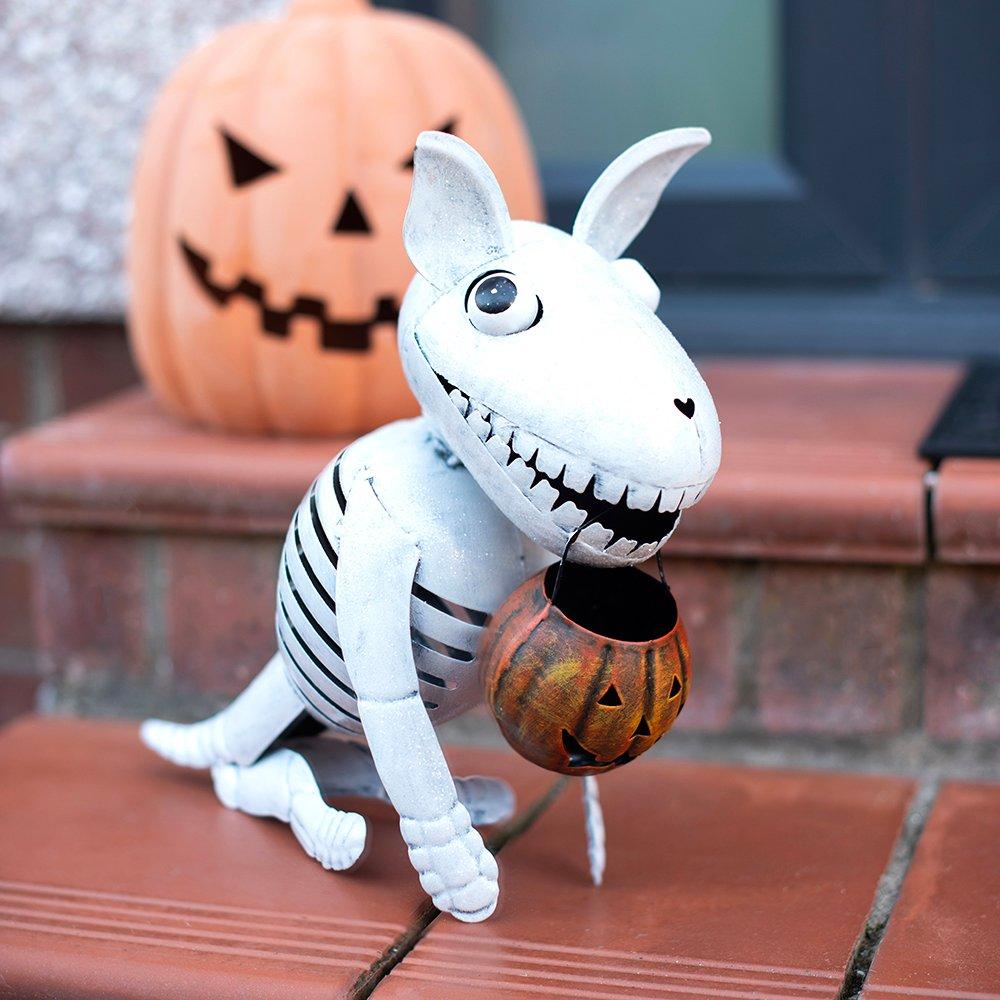 Something Different Metal Skeleton Dog Ornament with Pumpkin