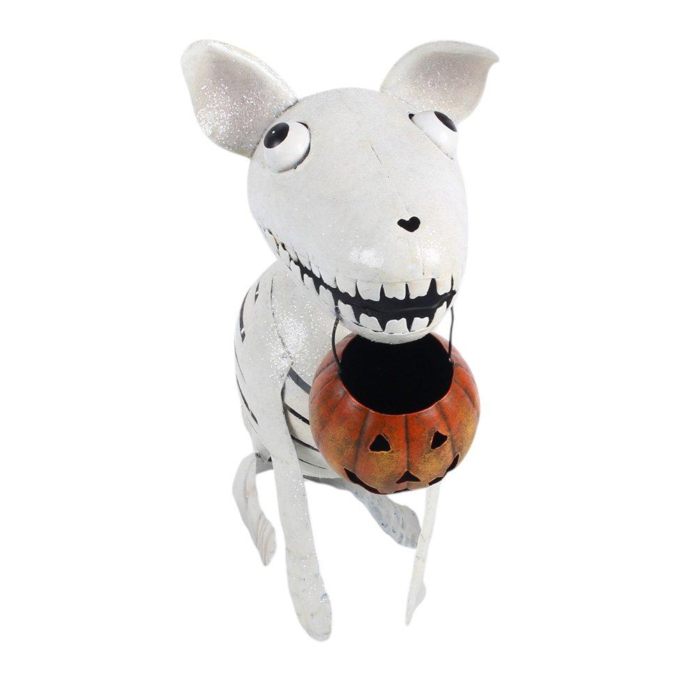 White - Something Different - Metal Skeleton Dog Ornament with Pumpkin - 2